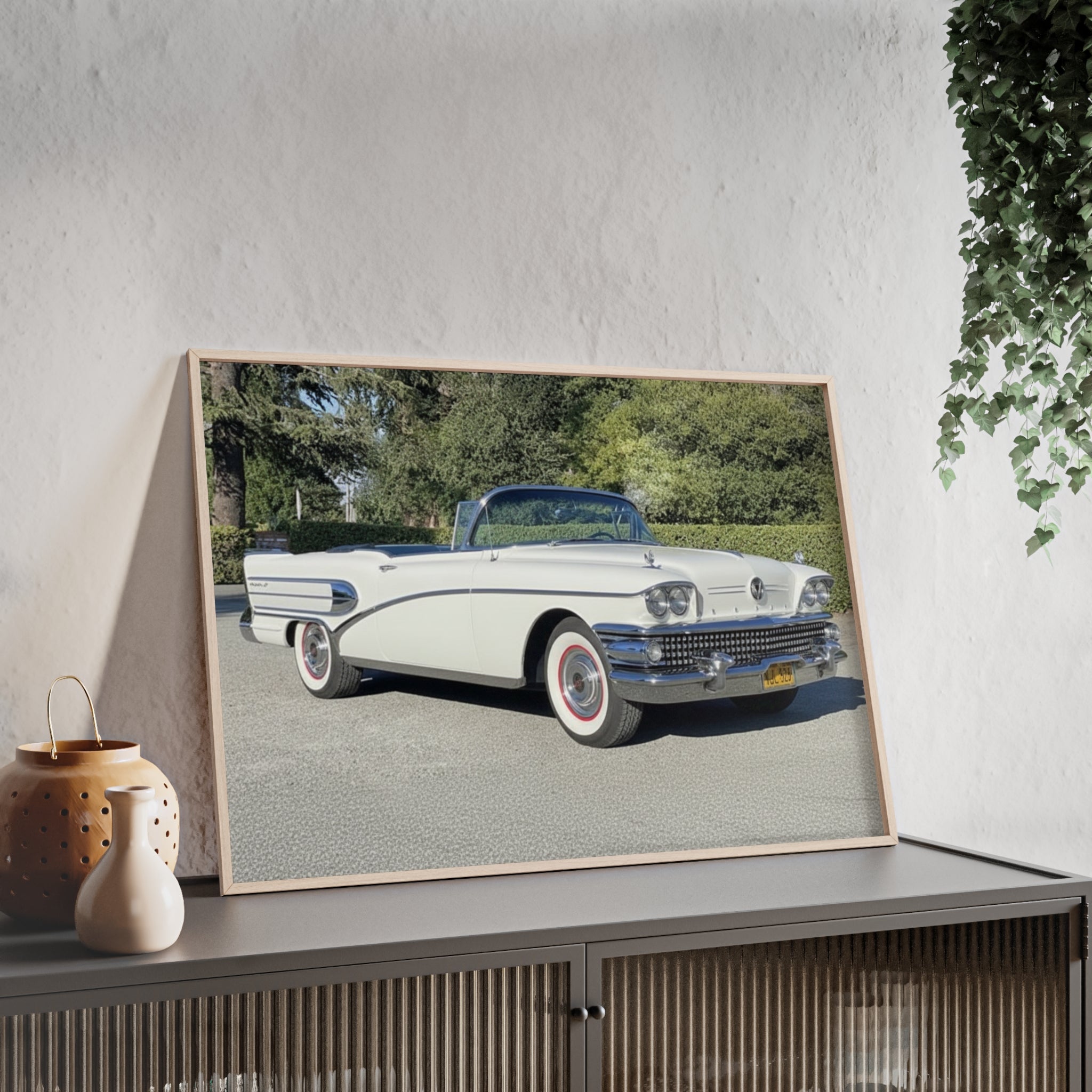 Classic White Convertible Car Poster with Wooden Frame — Vintage Auto Wall Art