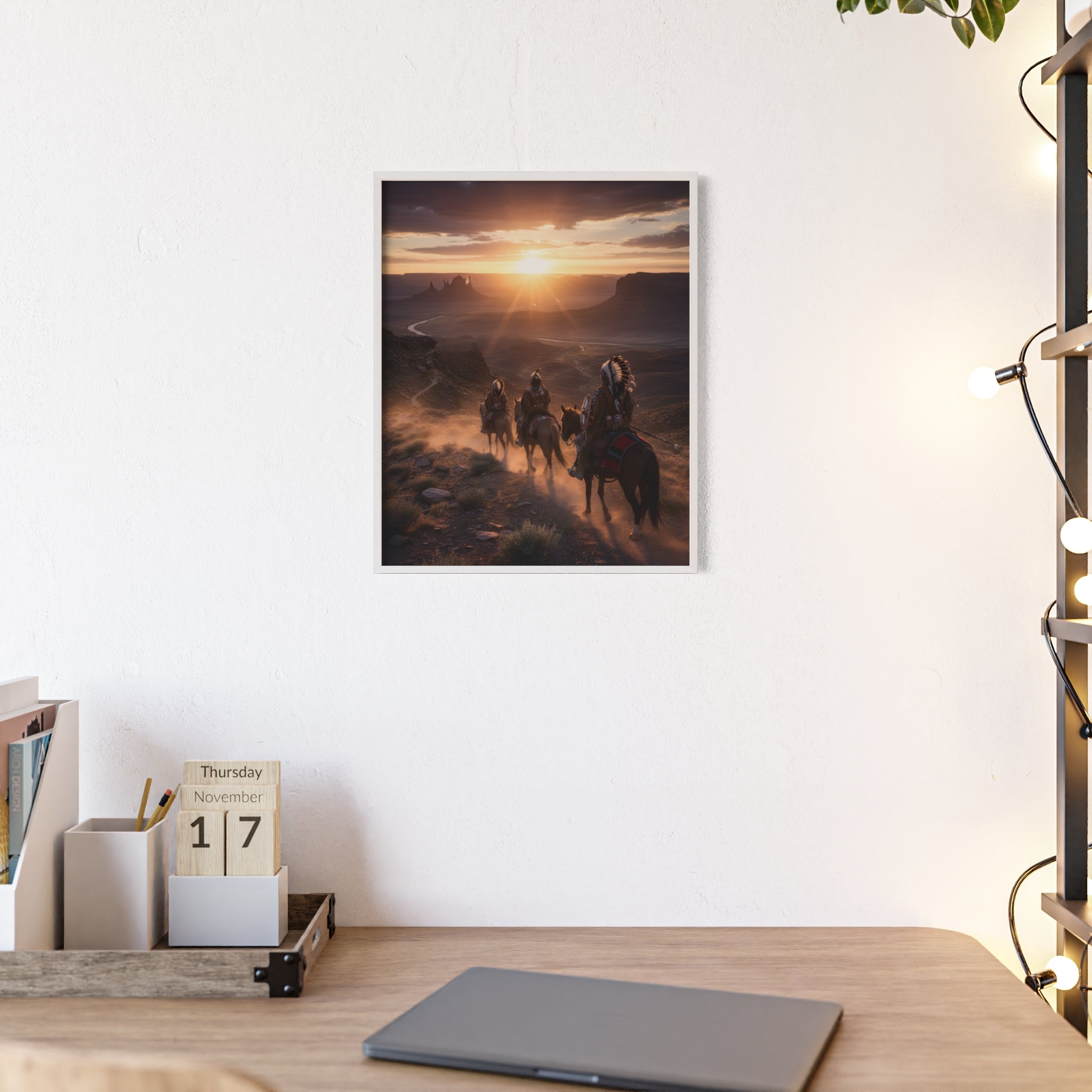 Framed Western Sunset Poster — Native Riders on Horseback Wall Art