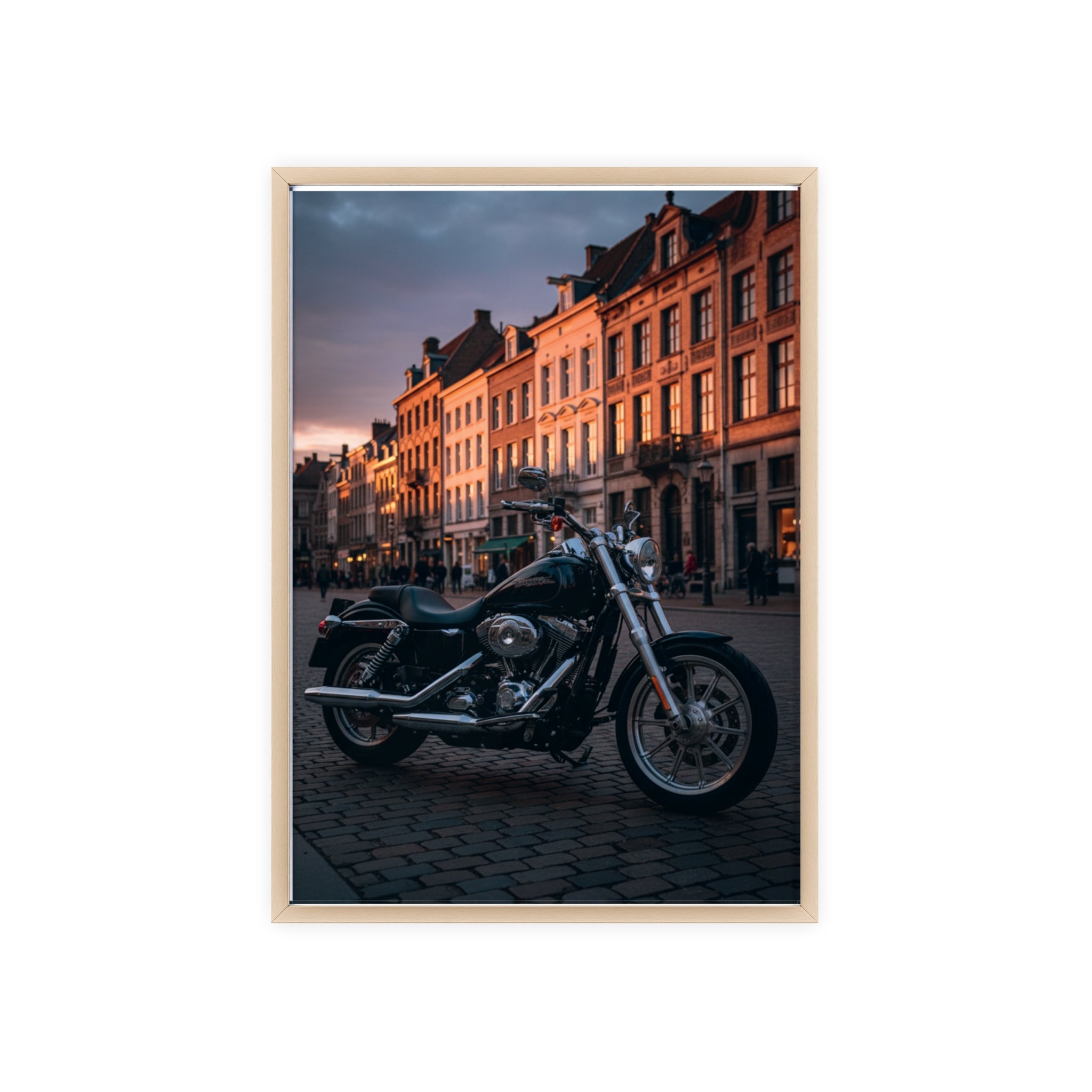 Vintage Motorcycle Poster with Wooden Frame — Urban Sunset Bike Wall Art