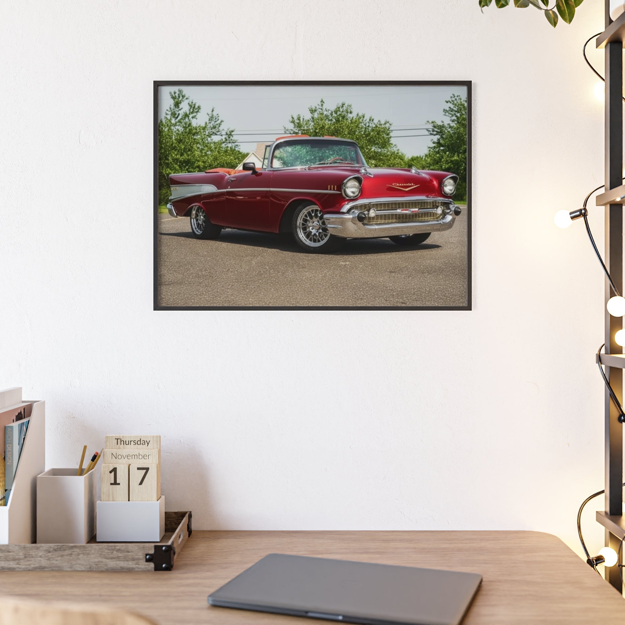 Vintage Red Classic Car Poster with Wooden Frame — Retro Automotive Wall Art