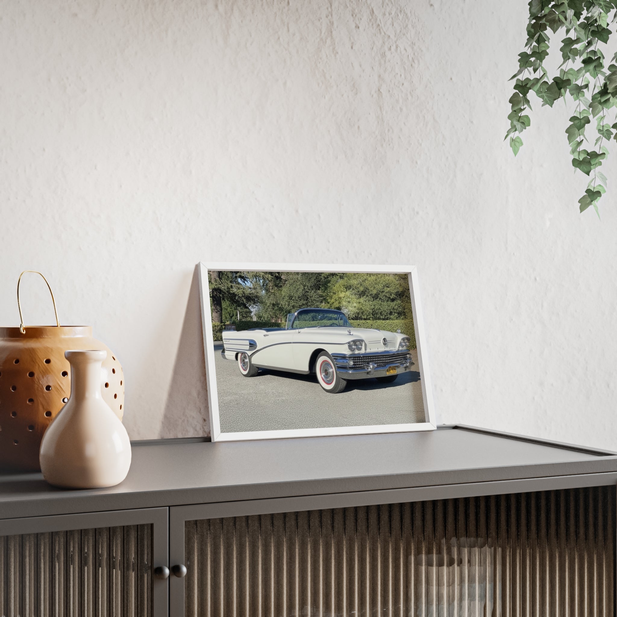 Classic White Convertible Car Poster with Wooden Frame — Vintage Auto Wall Art