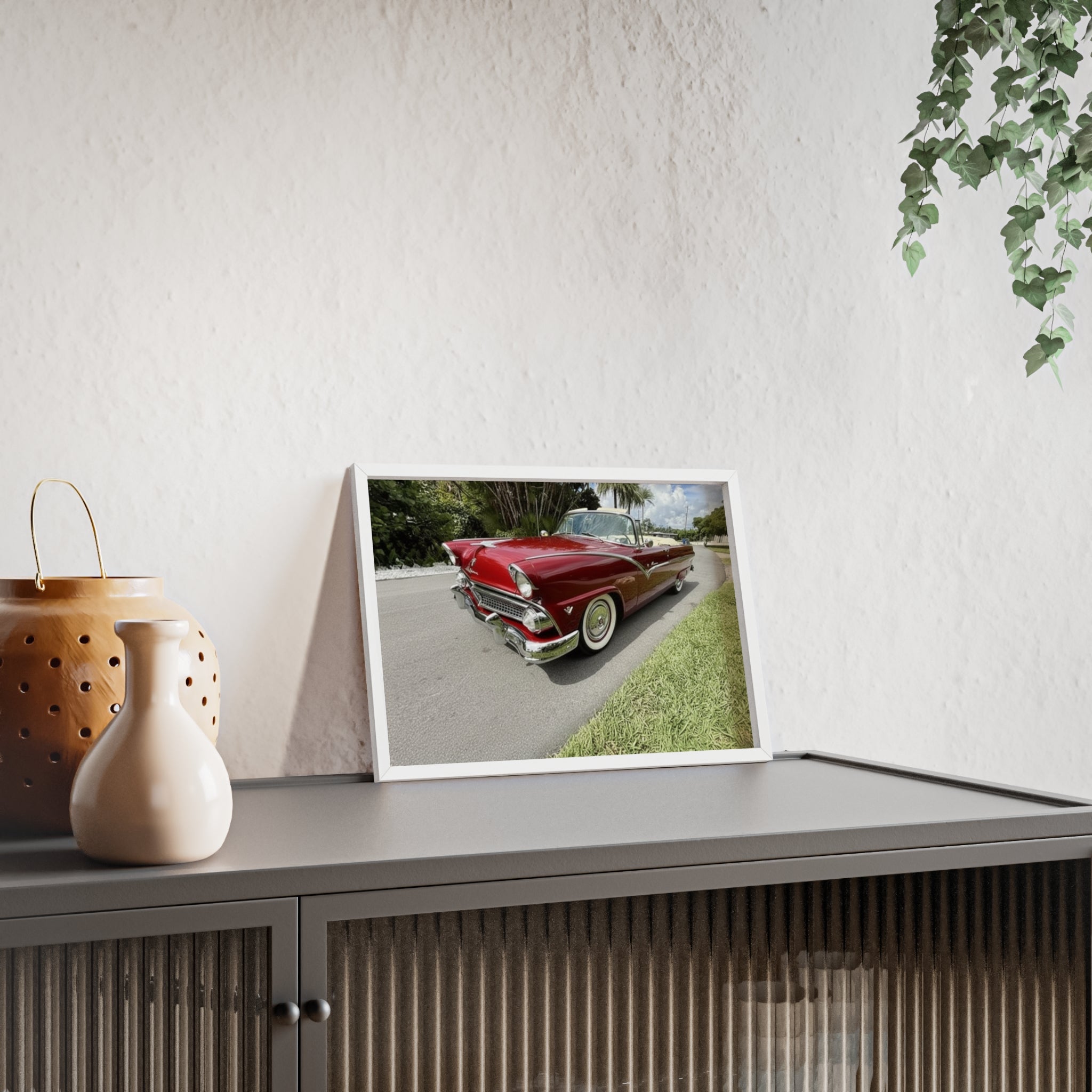 Vintage Red Convertible Poster with Wooden Frame — Classic Car Wall Art