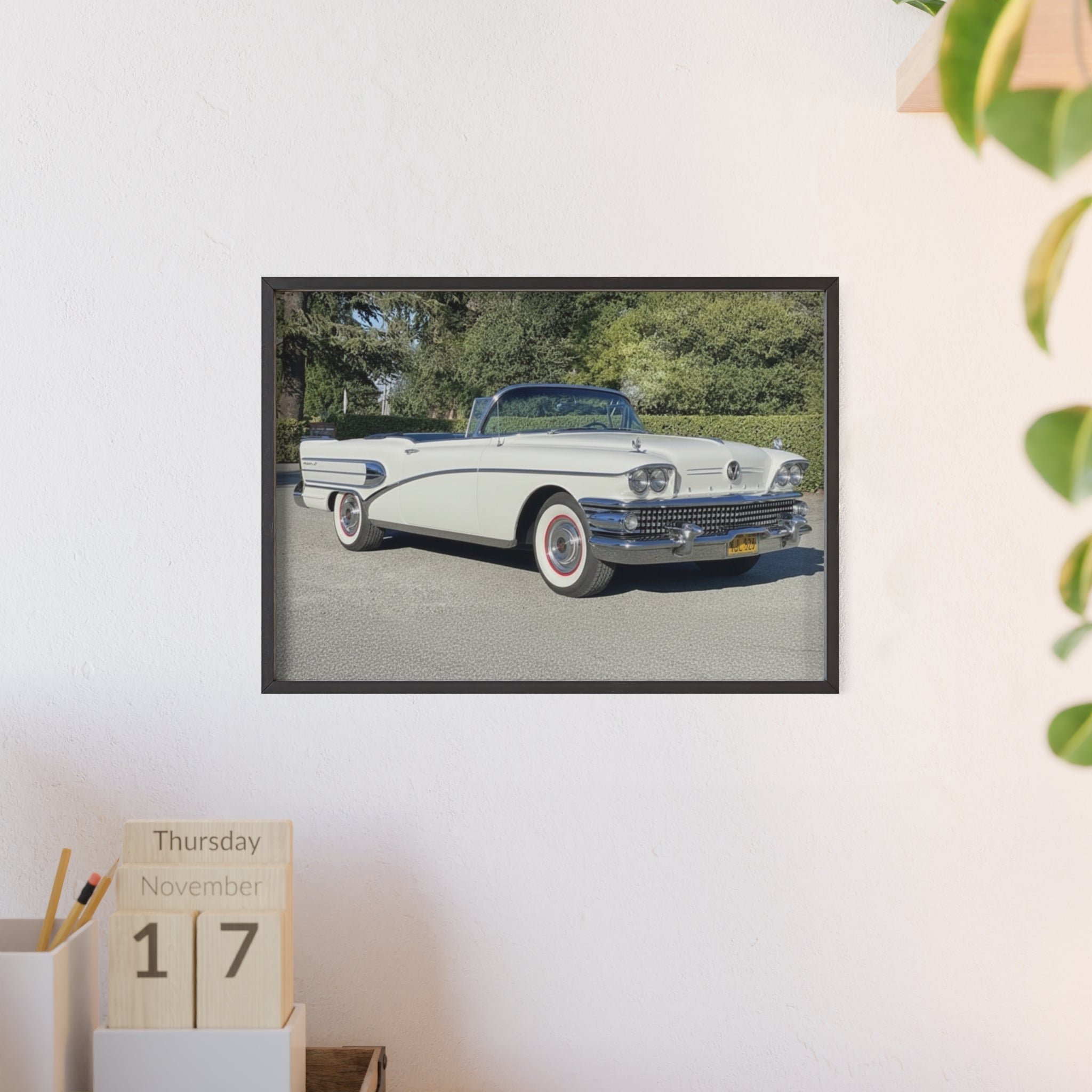 Classic White Convertible Car Poster with Wooden Frame — Vintage Auto Wall Art