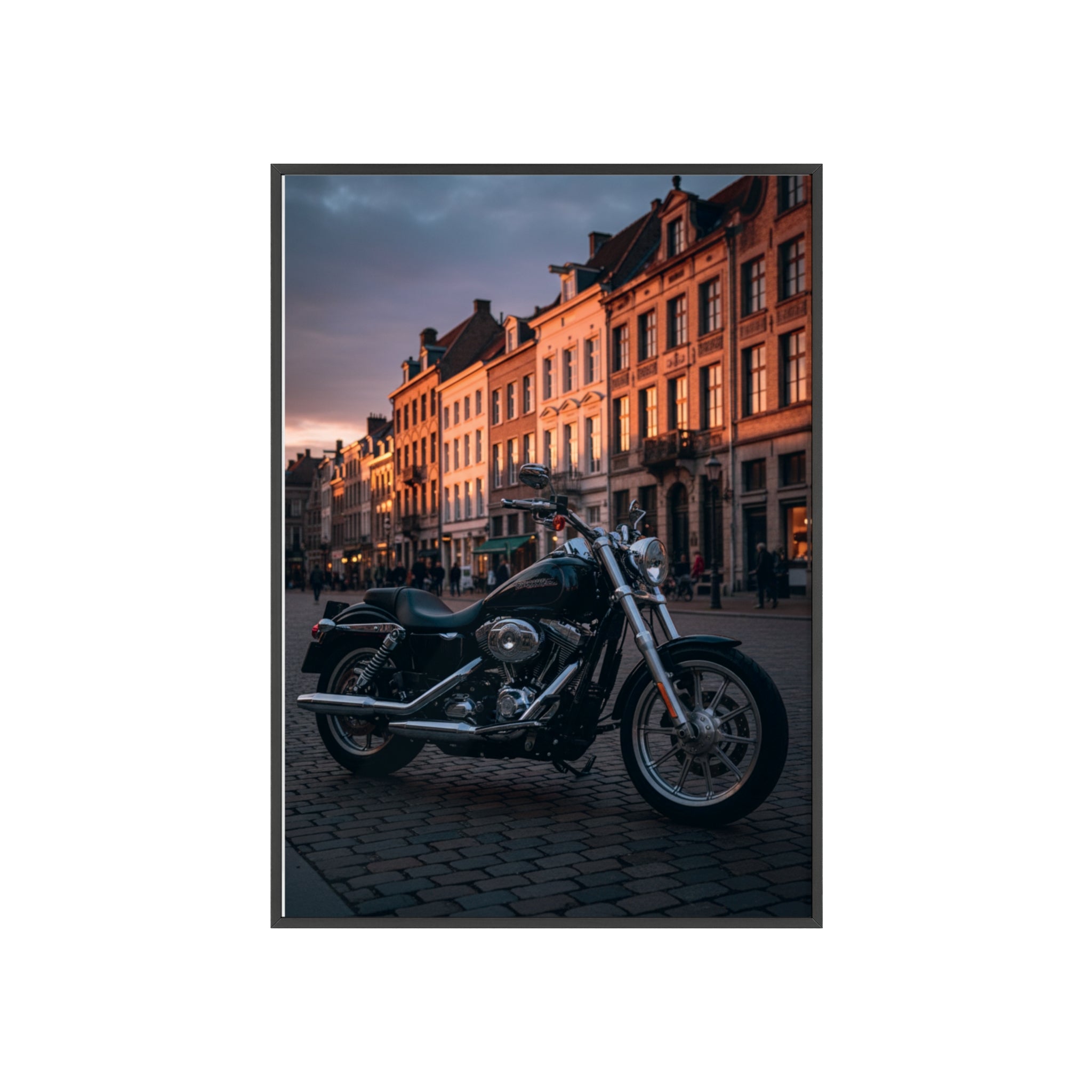 Vintage Motorcycle Poster with Wooden Frame — Urban Sunset Bike Wall Art