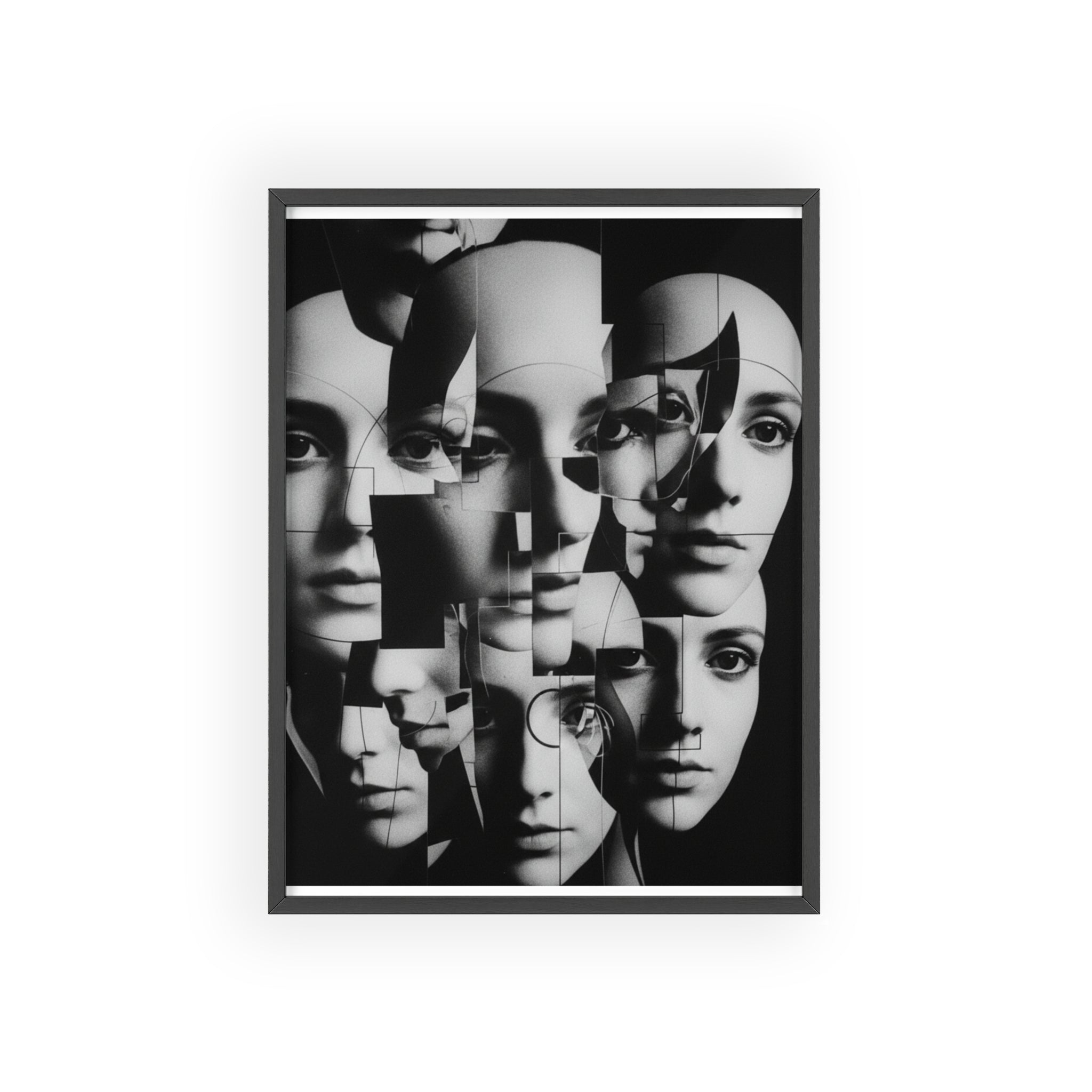 Surreal Multi-Face Black & White Poster — Framed Wooden Art Print