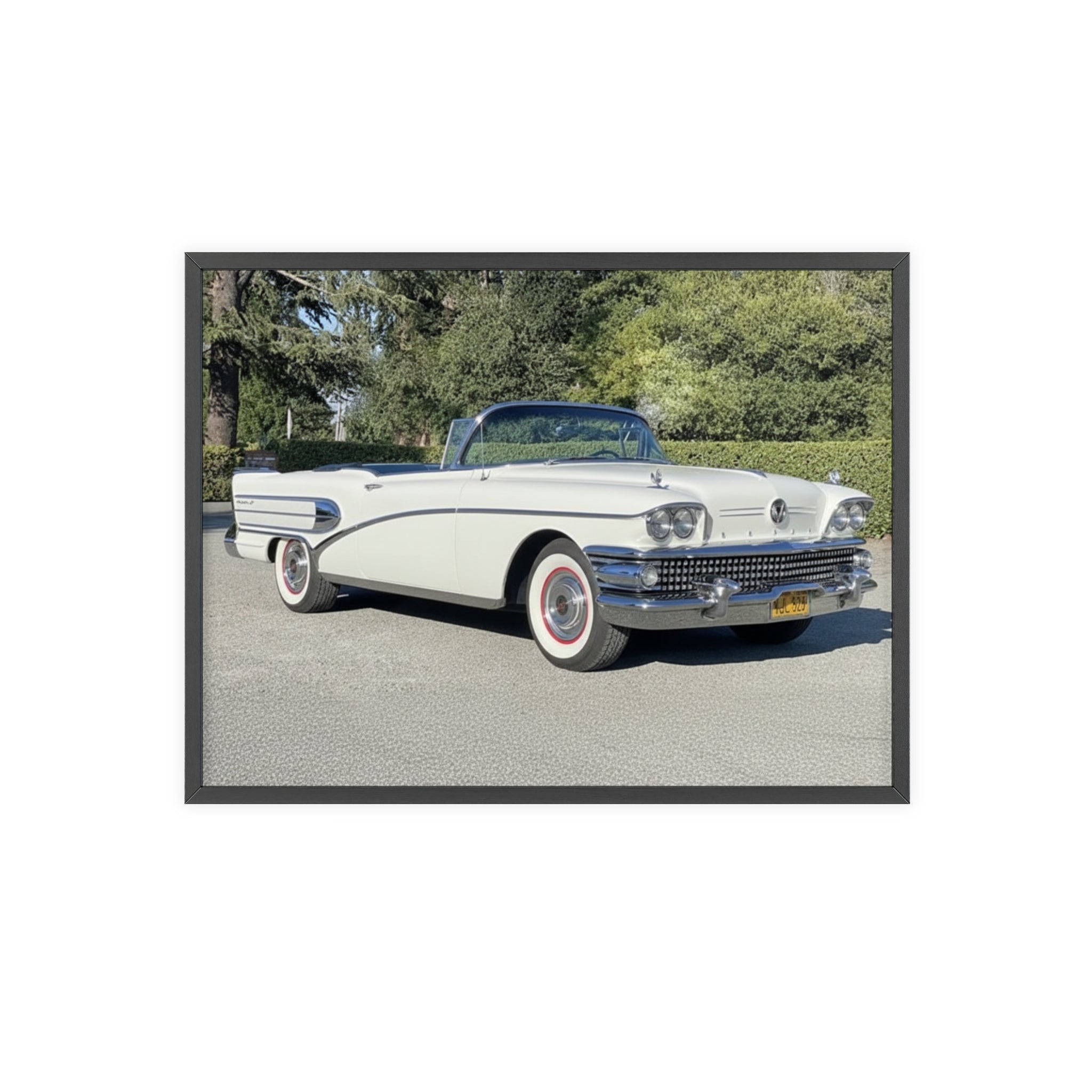 Classic White Convertible Car Poster with Wooden Frame — Vintage Auto Wall Art