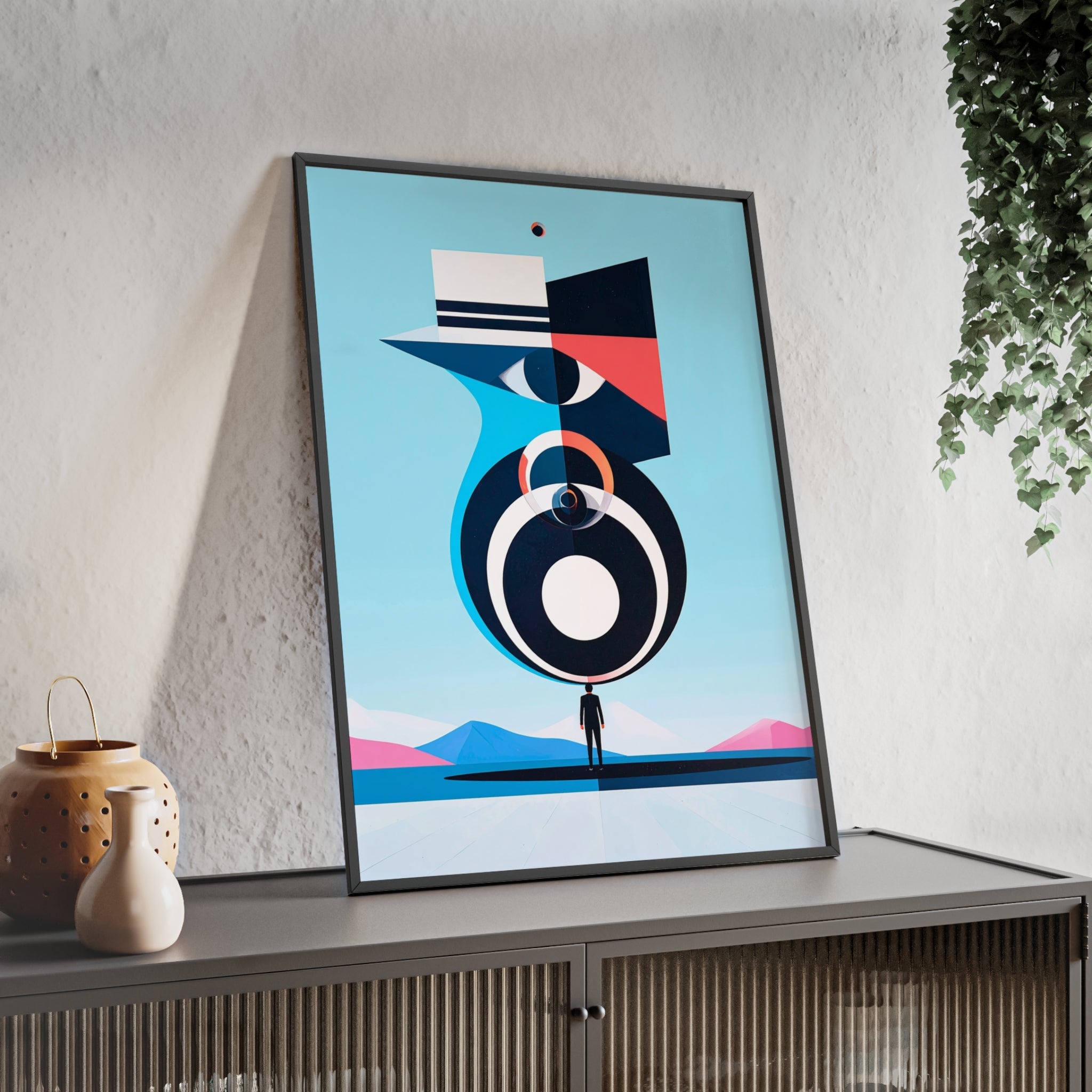 Abstract Geometric Bird Poster with Wooden Frame — Modern Minimalist Wall Art