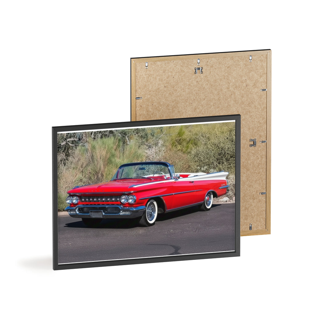Vintage Red Convertible Car Poster with Wooden Frame — Classic Auto Wall Art