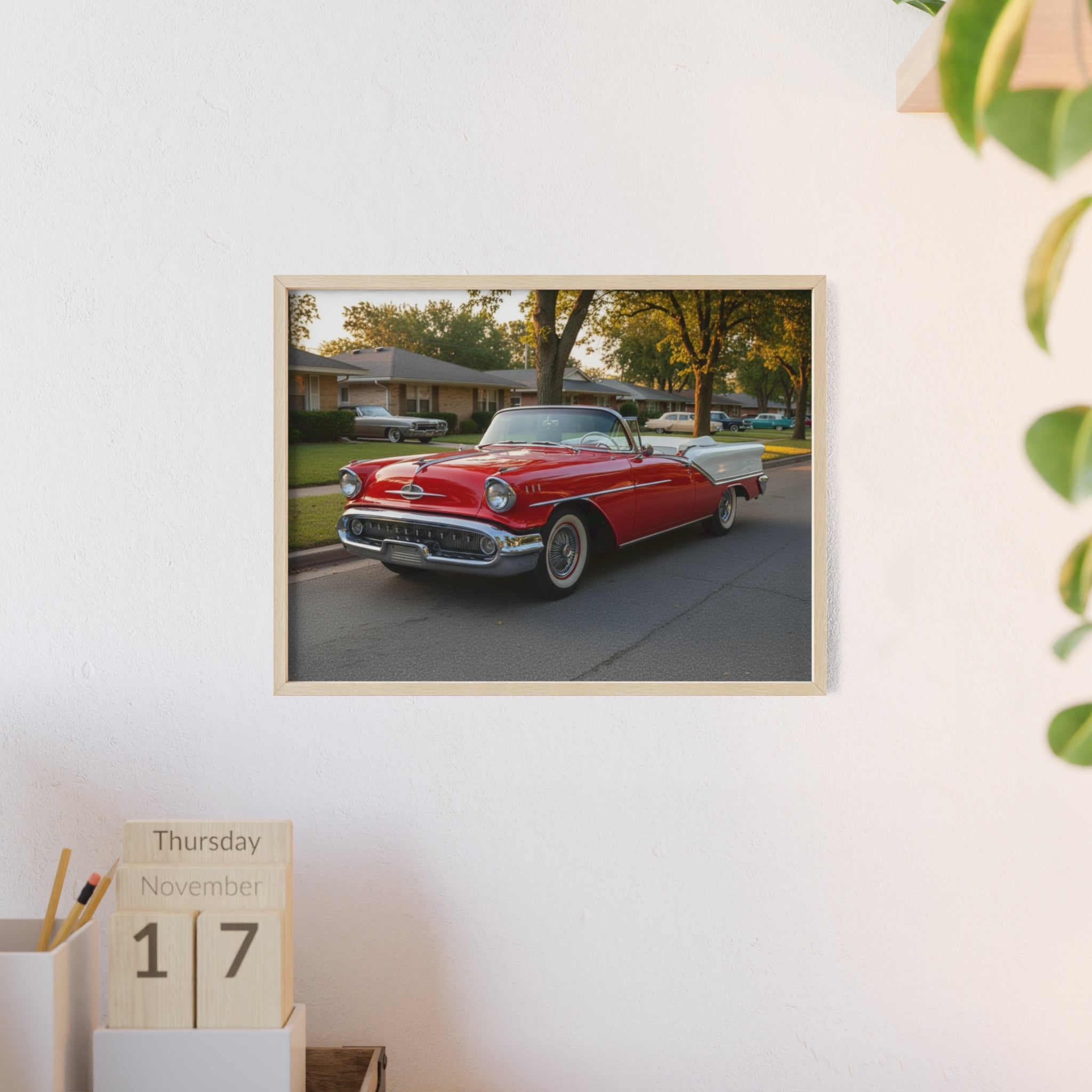 Vintage Red Convertible Poster with Wooden Frame — Classic Car Wall Art
