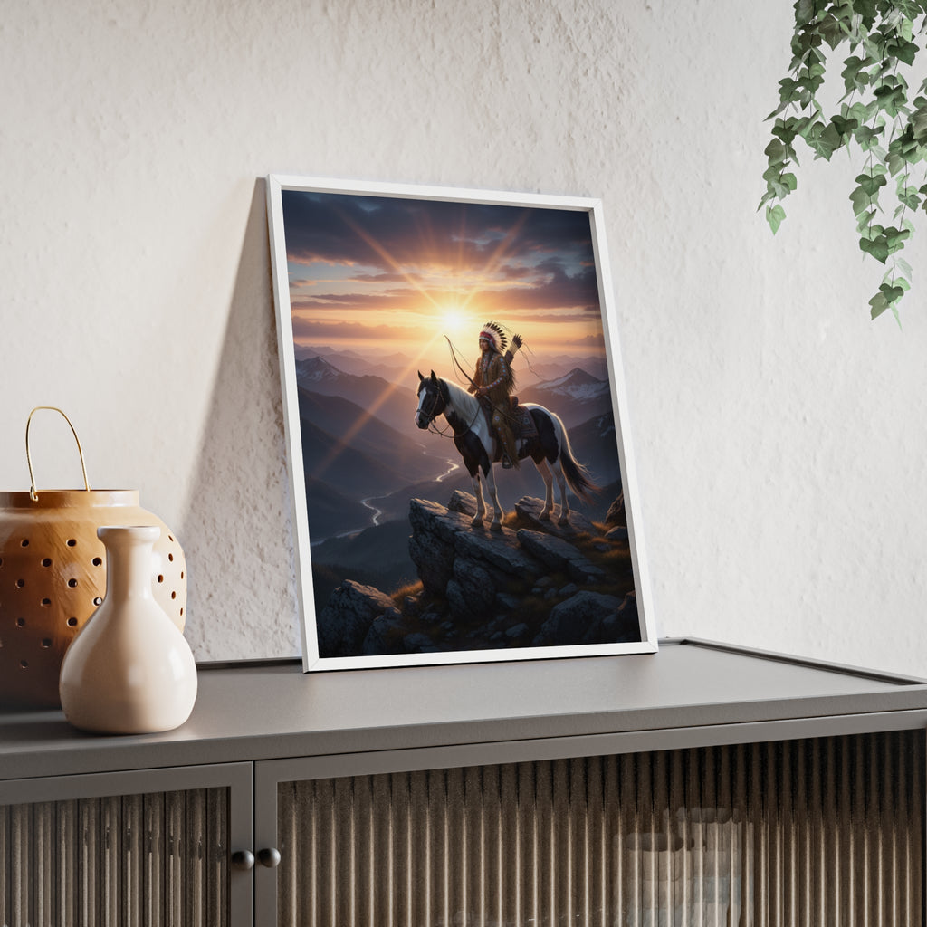 Native American Warrior on Horse Framed Poster — Scenic Sunrise Wall Art