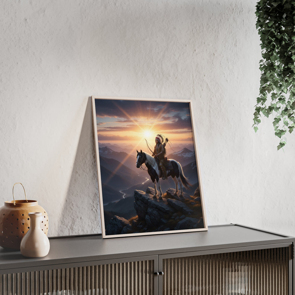 Native American Warrior on Horse Framed Poster — Scenic Sunrise Wall Art