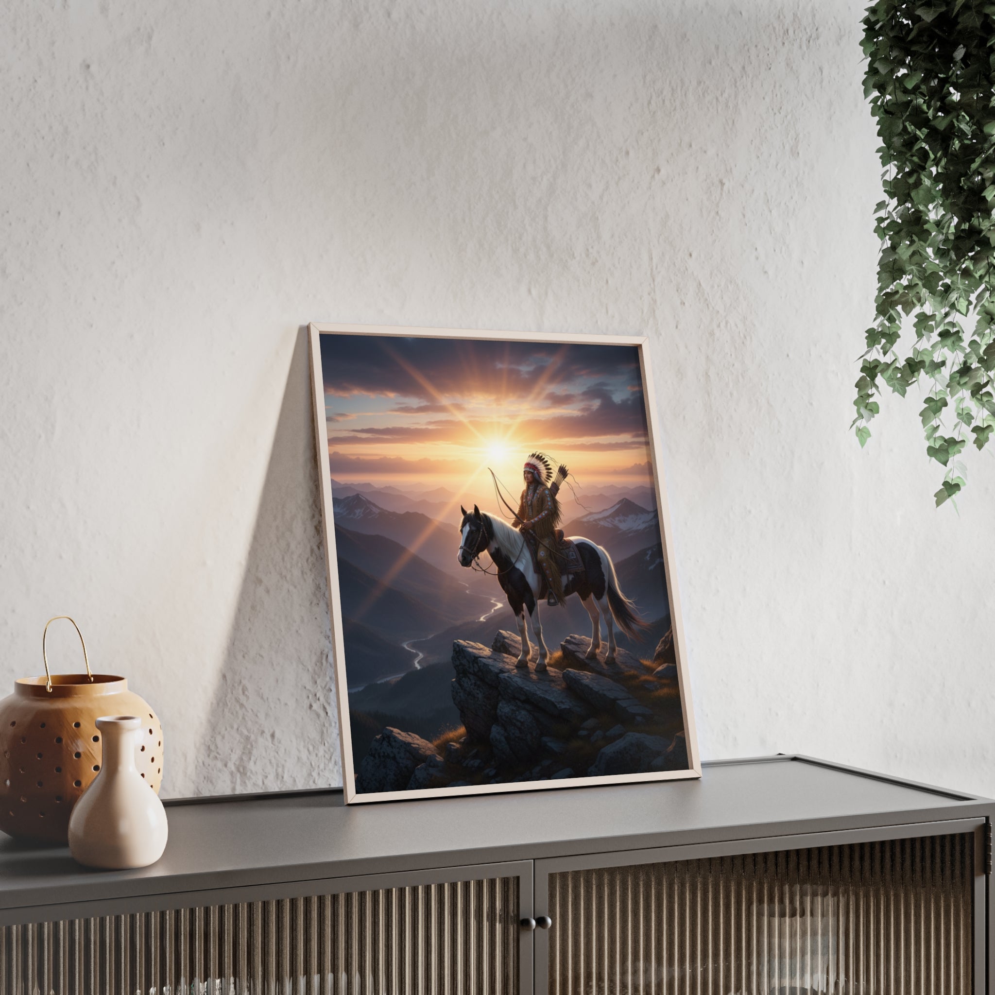 Native American Warrior on Horse Framed Poster — Scenic Sunrise Wall Art