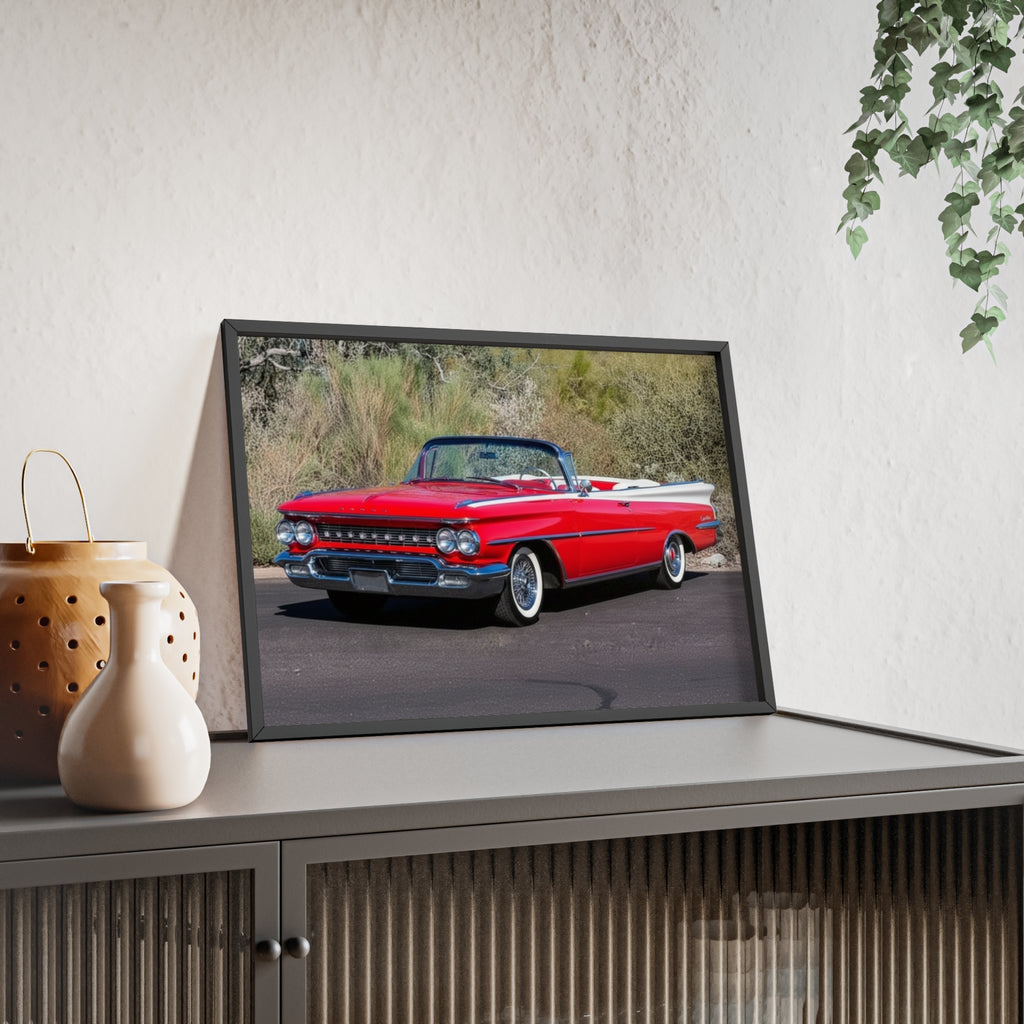 Vintage Red Convertible Car Poster with Wooden Frame — Classic Auto Wall Art