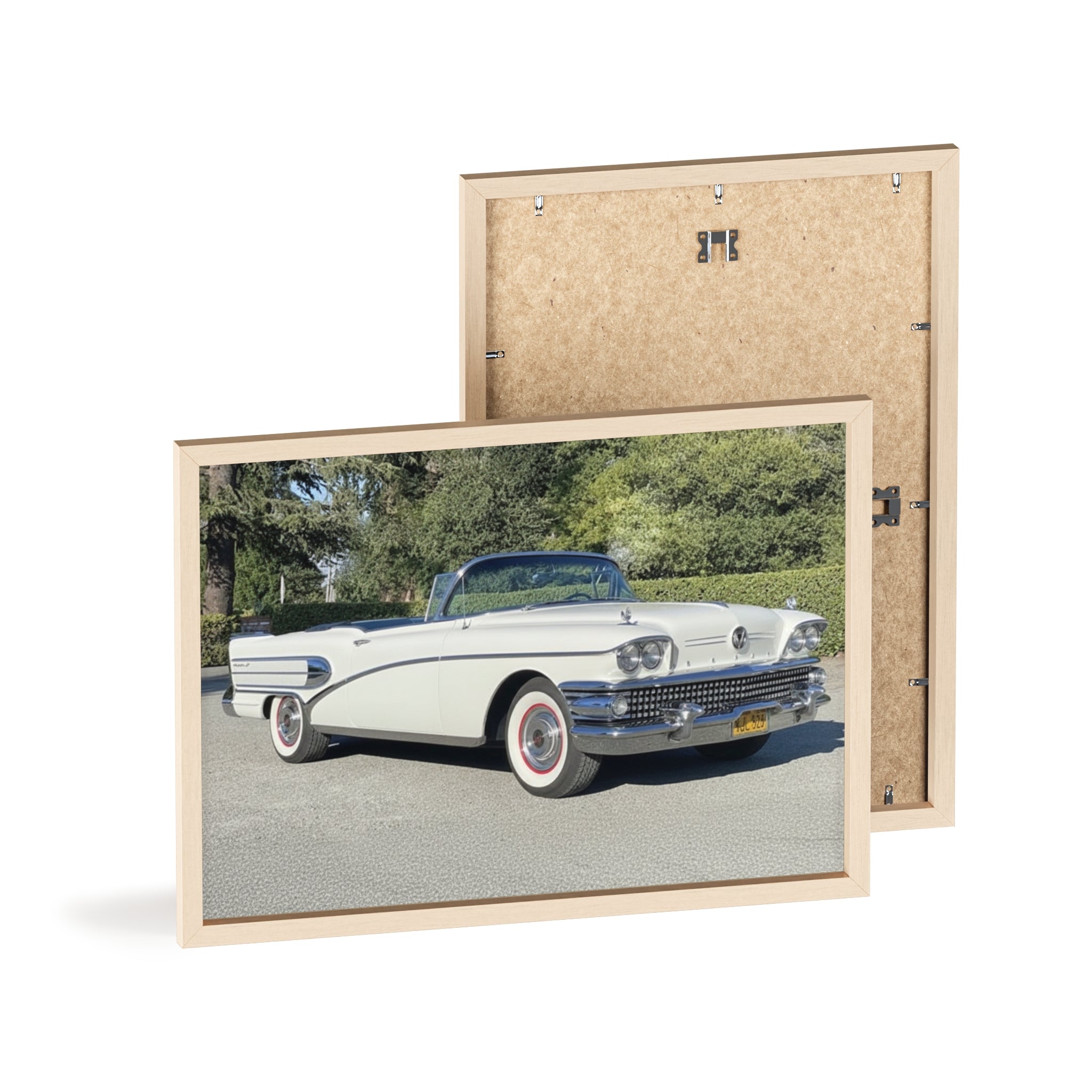 Classic White Convertible Car Poster with Wooden Frame — Vintage Auto Wall Art