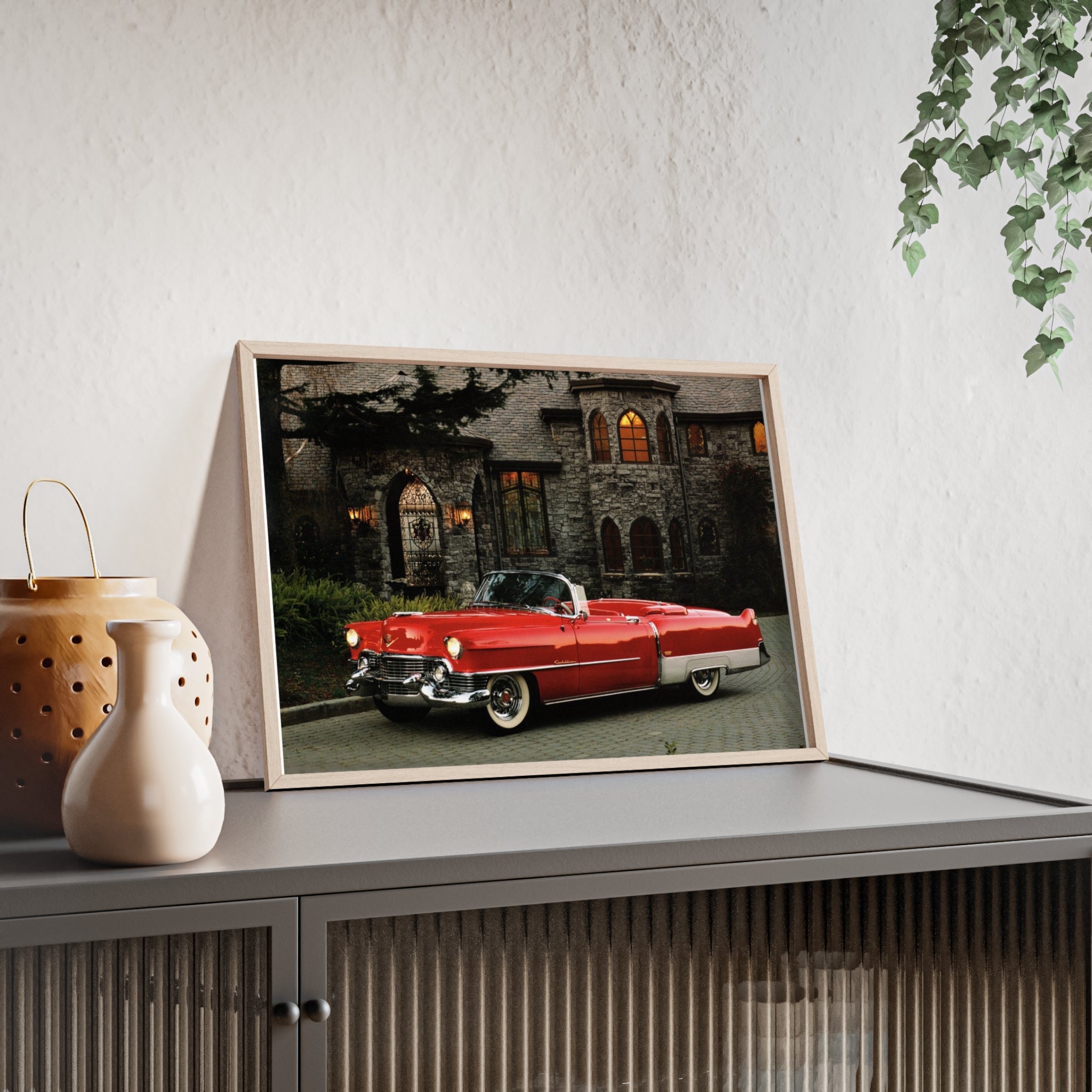 Vintage Red Convertible Poster with Wooden Frame — Classic Car Wall Art