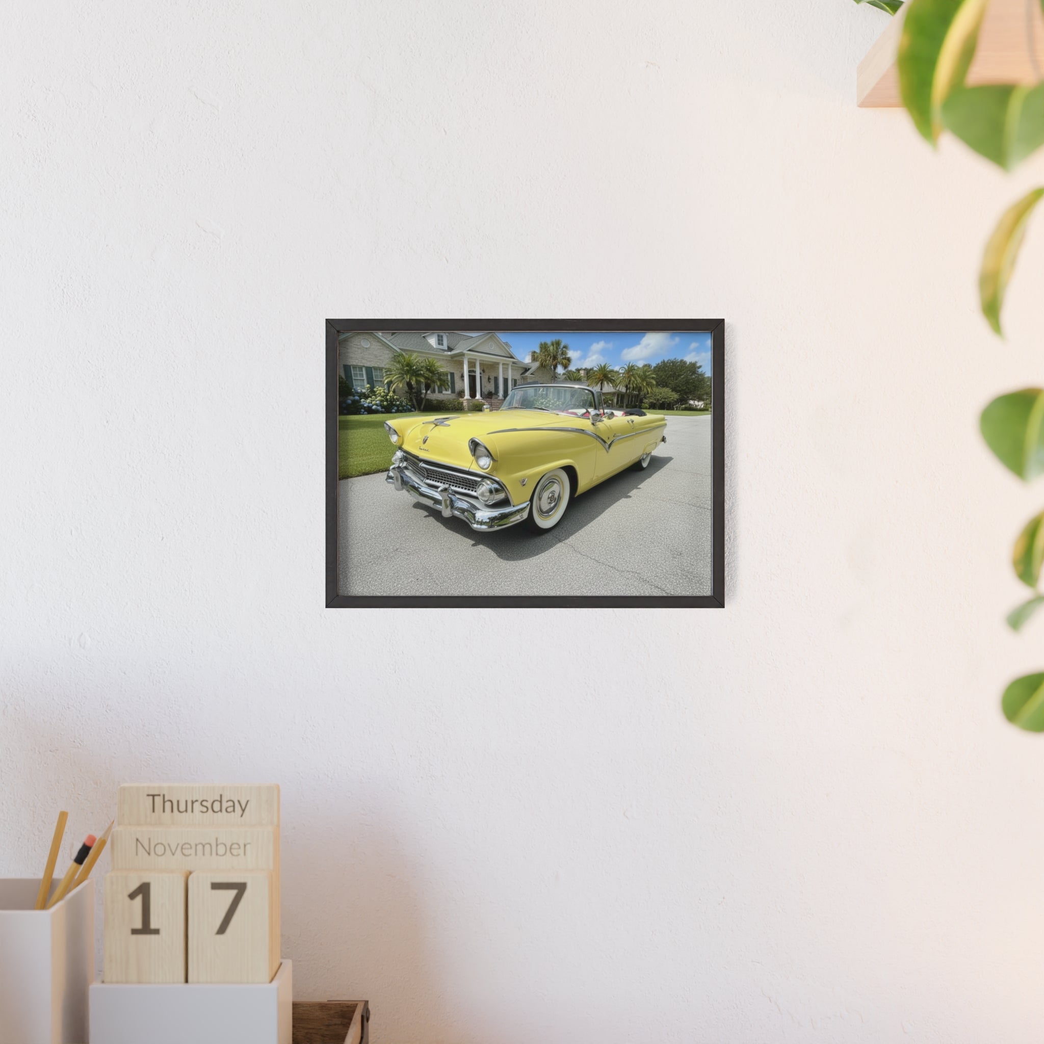 Vintage Yellow Classic Car Poster — Framed Wooden Wall Art