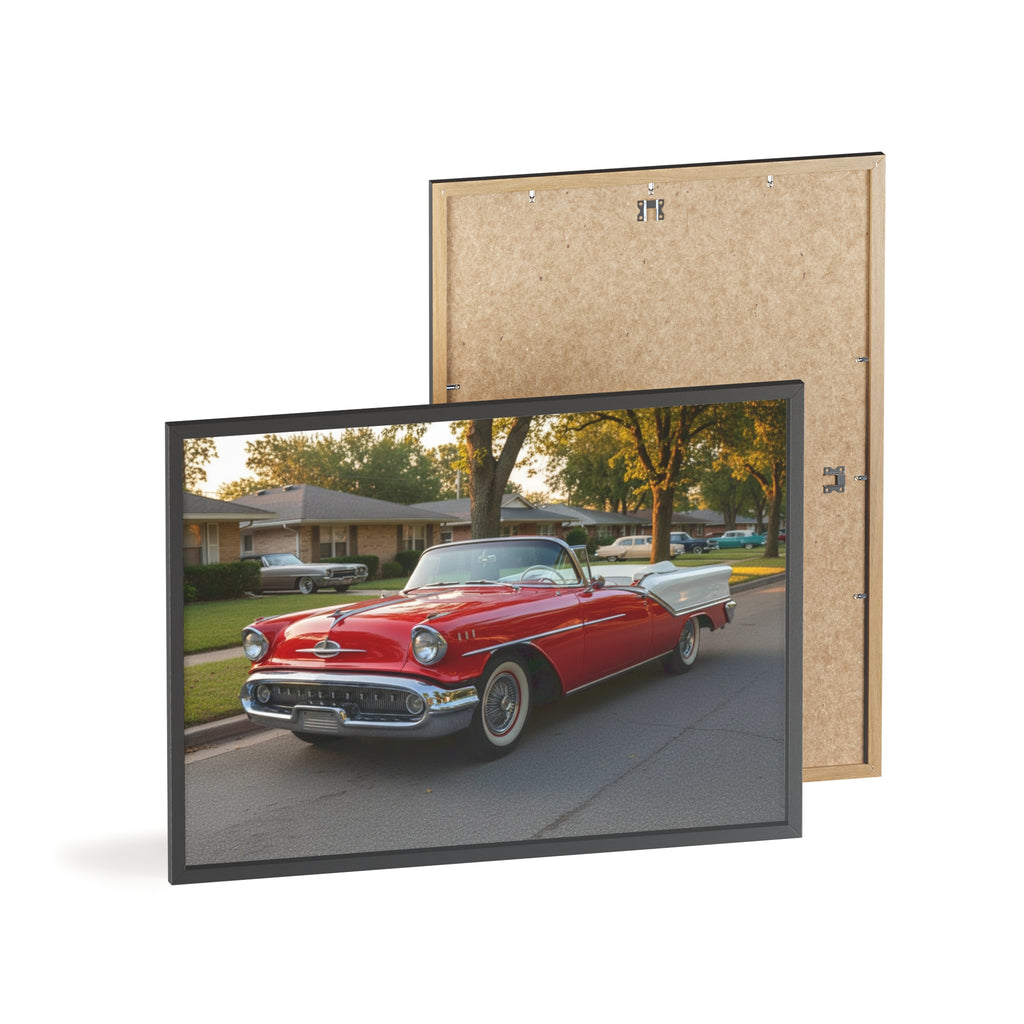 Vintage Red Convertible Poster with Wooden Frame — Classic Car Wall Art