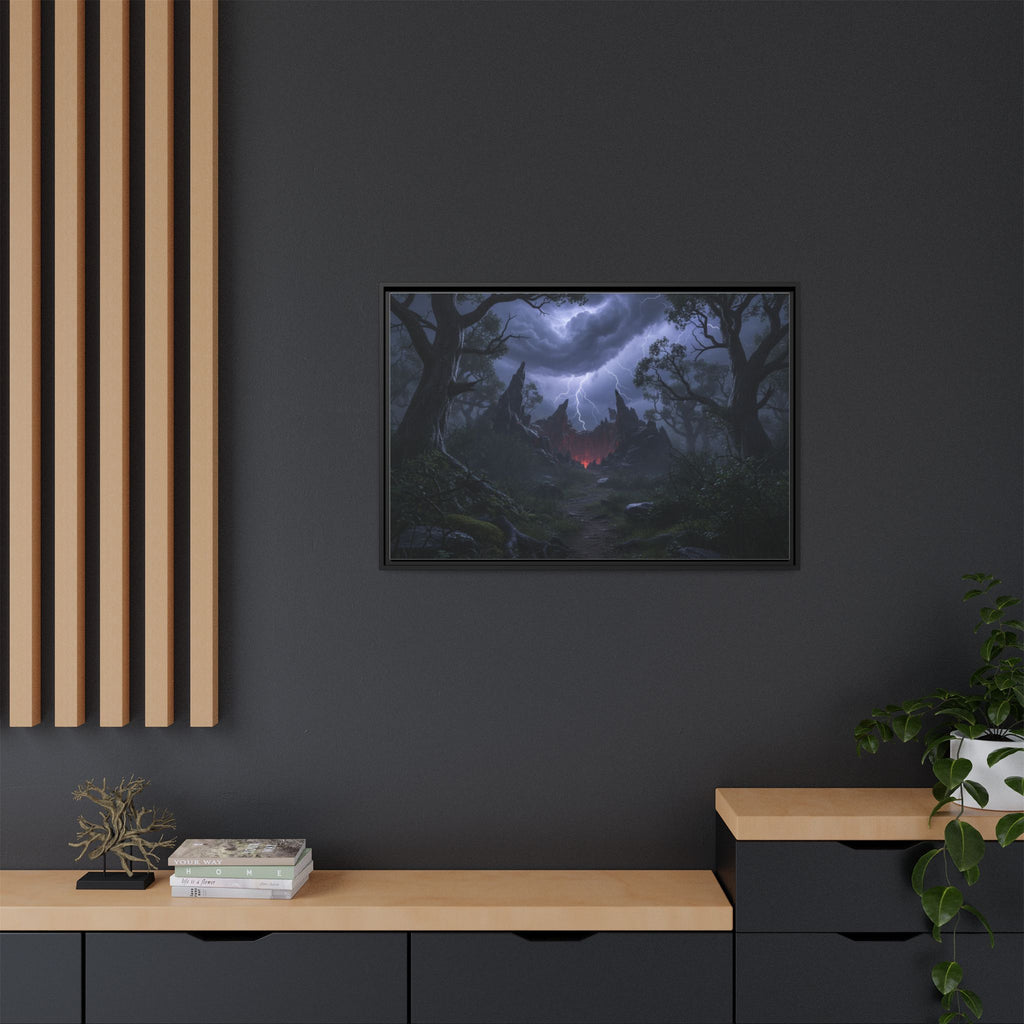 Dark Storm Forest Framed Canvas Print — Lightning, Haunted Castle Art
