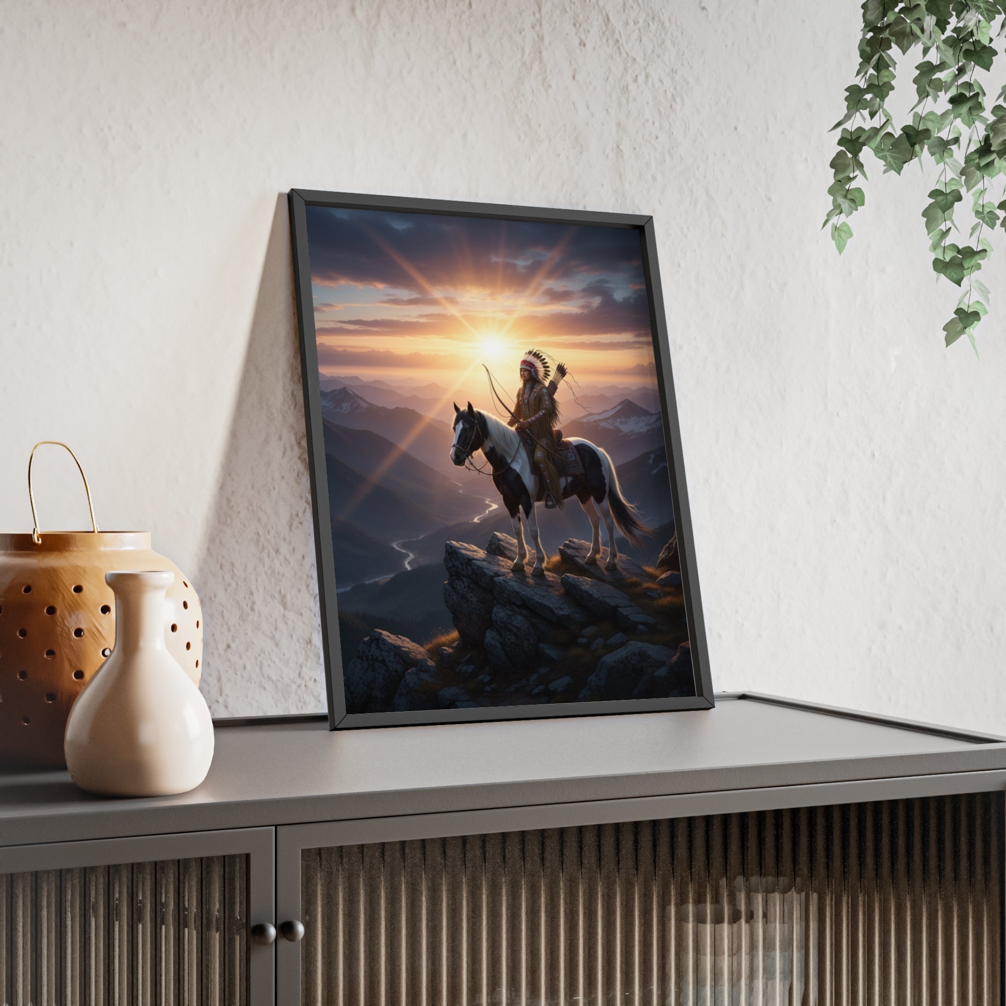 Native American Warrior on Horse Framed Poster — Scenic Sunrise Wall Art