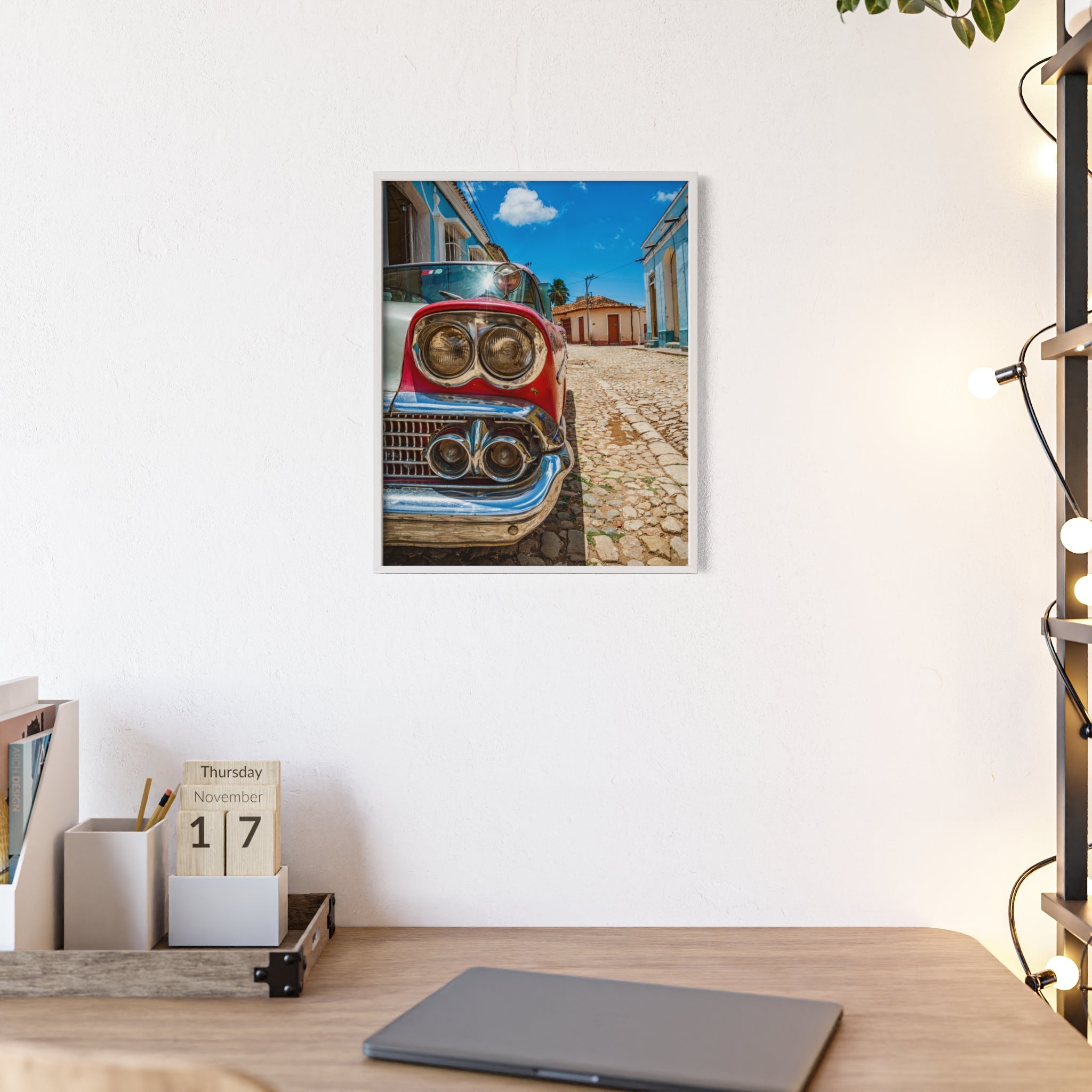 Vintage Classic Car Poster with Wooden Frame — Retro Cuba Street Photography Wall Art
