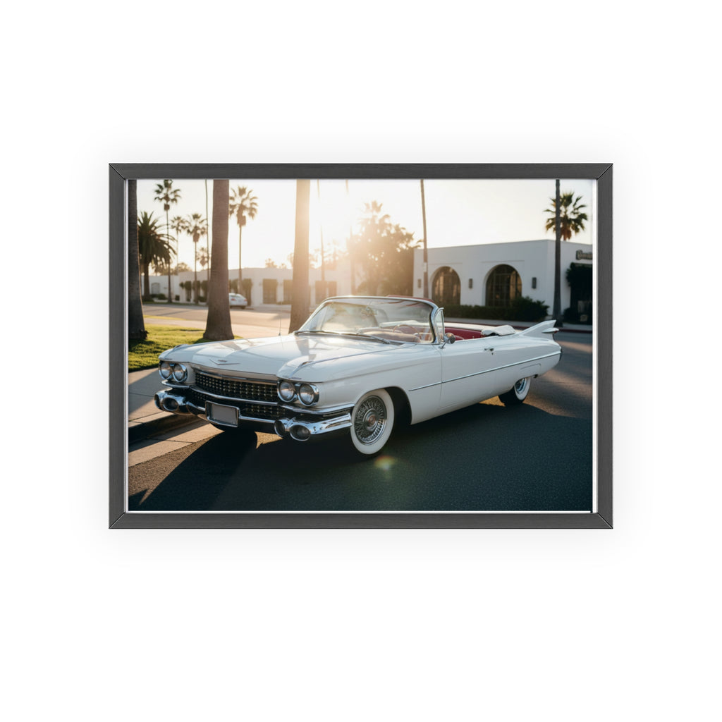 Vintage Cadillac Convertible Poster with Wooden Frame — Retro Palm Trees Sunset Wall Art