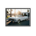 Vintage Cadillac Convertible Poster with Wooden Frame — Retro Palm Trees Sunset Wall Art