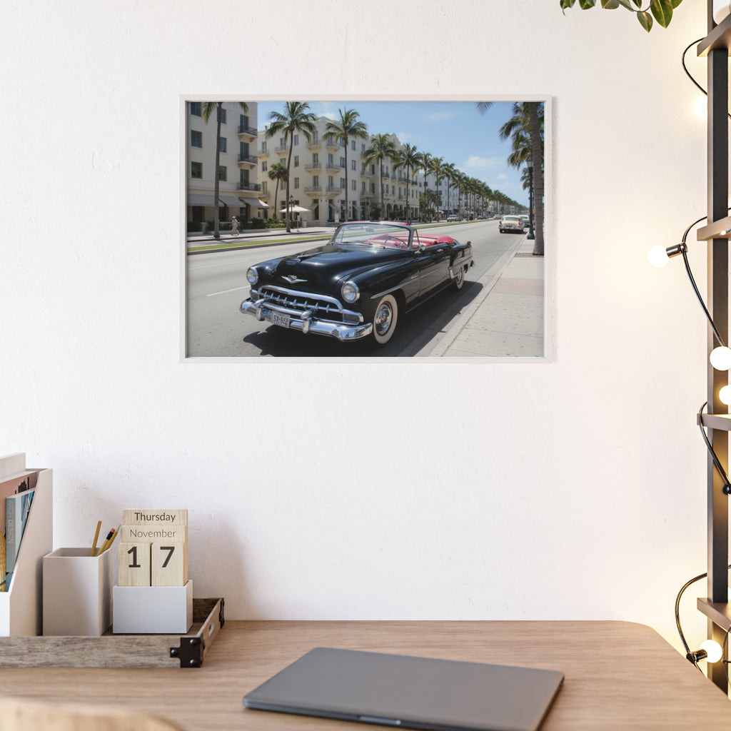Vintage Convertible on Ocean Drive Framed Poster – Retro Classic Car Wall Art