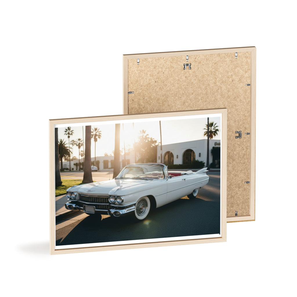 Vintage Cadillac Convertible Poster with Wooden Frame — Retro Palm Trees Sunset Wall Art