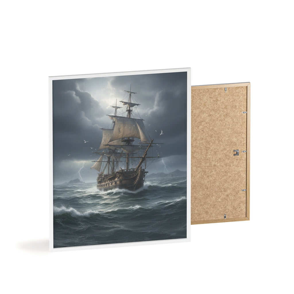 Framed Stormy Sea Ship Poster — Nautical Wall Art with Wooden Frame