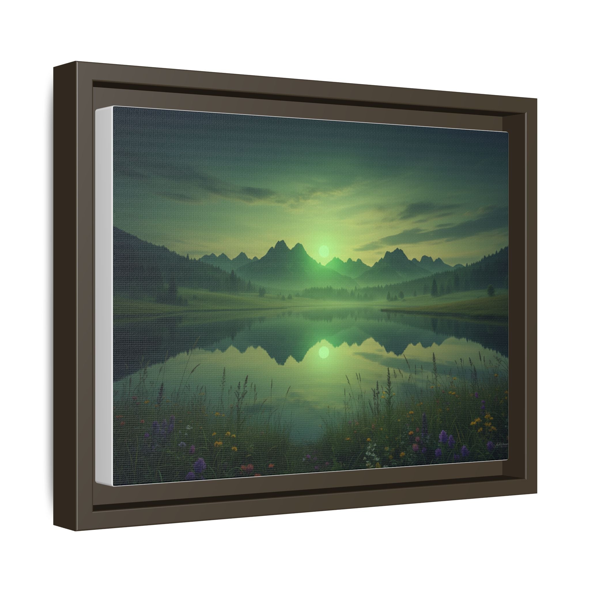 Framed Matte Canvas Print — Serene Green Mountain Lake Landscape