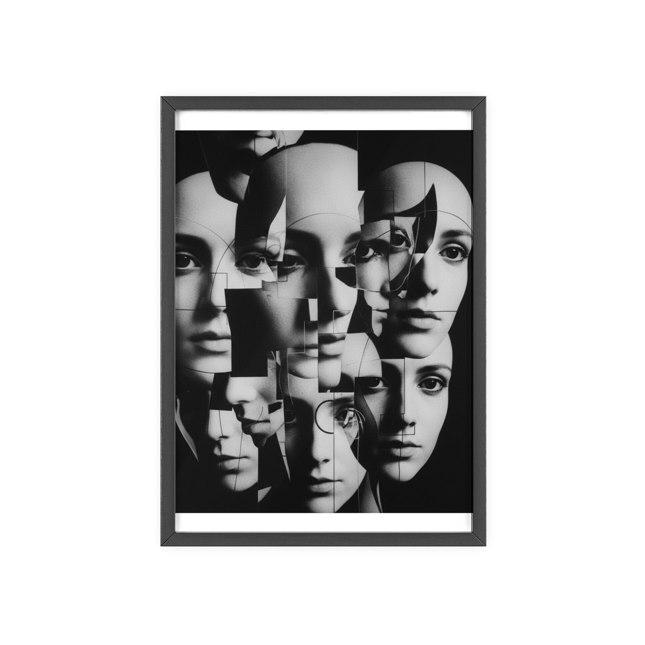 Surreal Multi-Face Black & White Poster — Framed Wooden Art Print