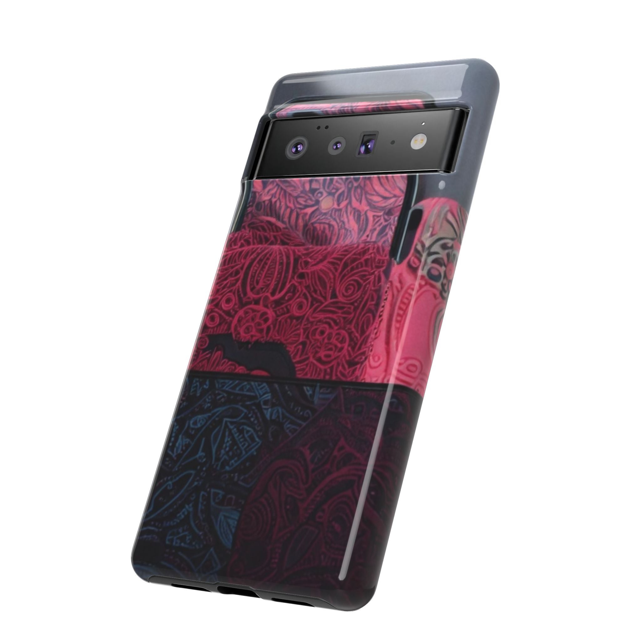 Floral Patchwork Tough Phone Case — Pink & Navy Doodle Design