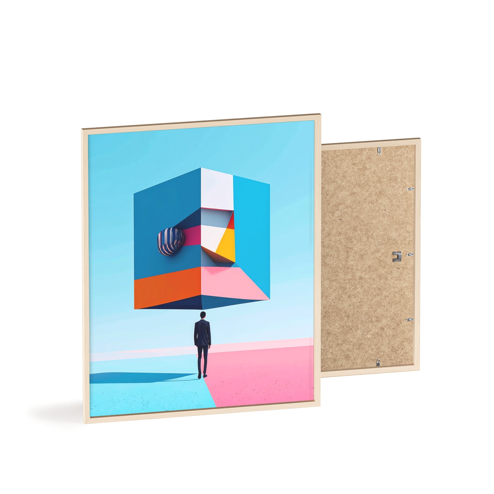 Surreal Geometric Art Poster with Wooden Frame — Modern Minimal Wall Decor