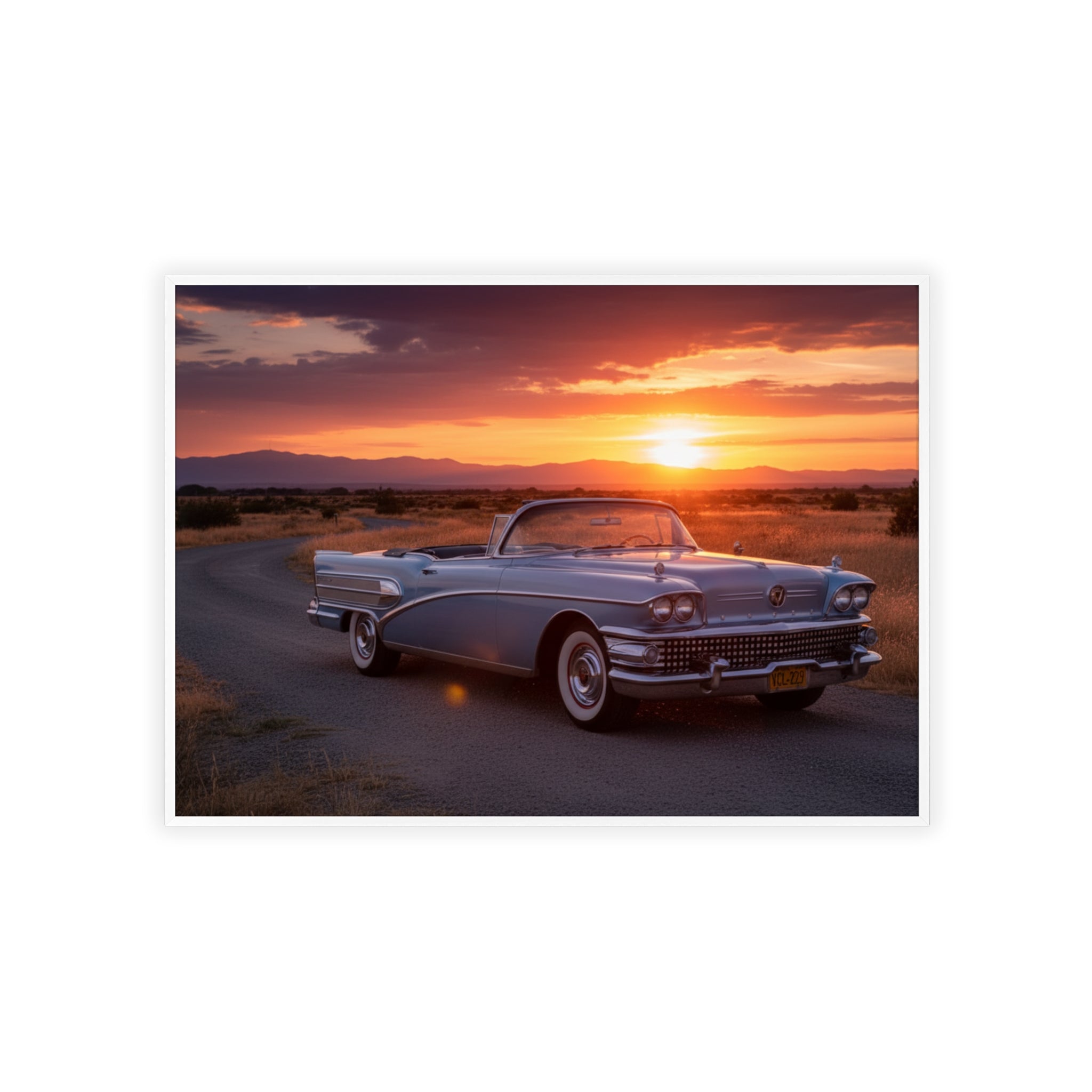 Vintage Convertible Sunset Poster with Wooden Frame