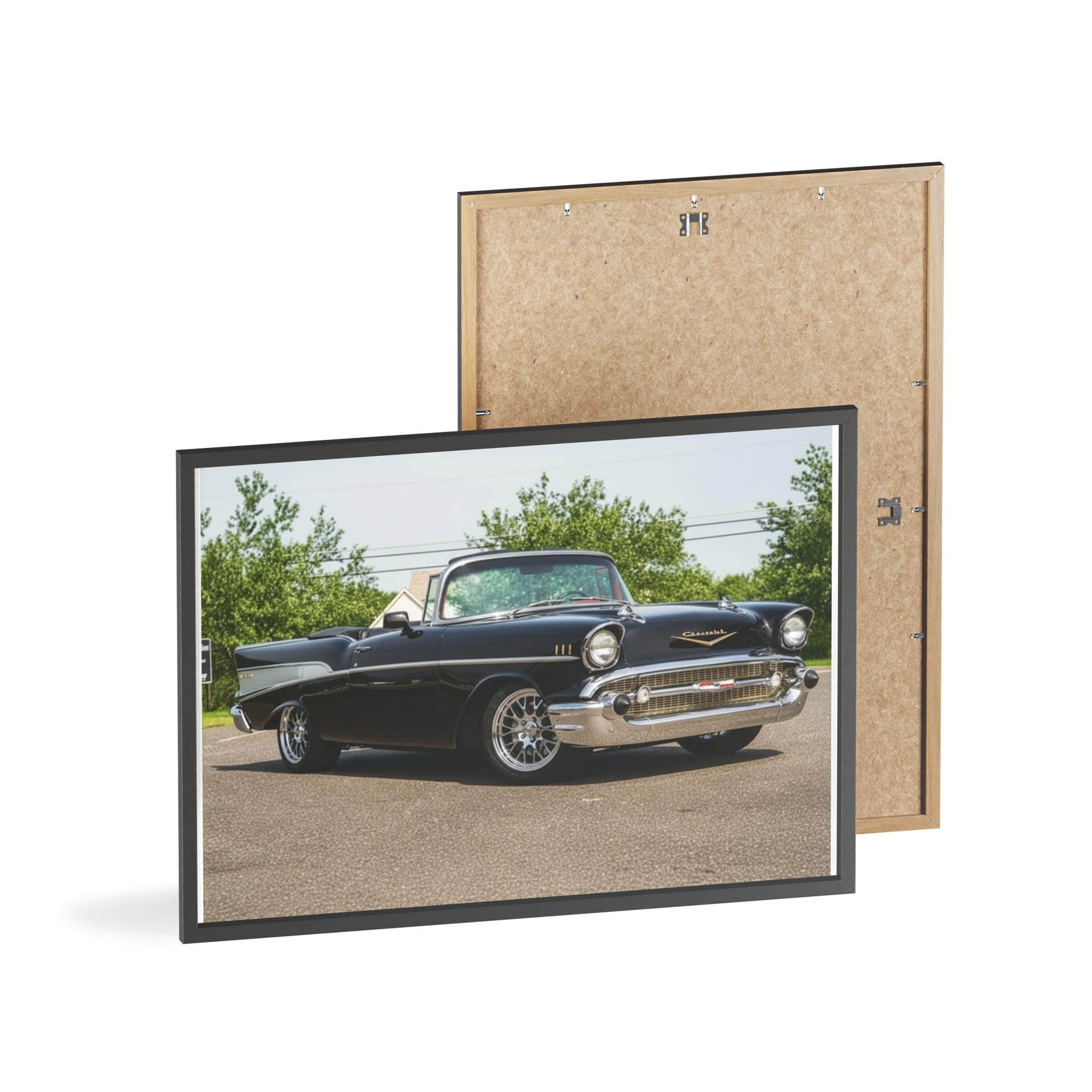Classic Black 1957 Chevy Poster with Wooden Frame — Vintage Car Wall Art