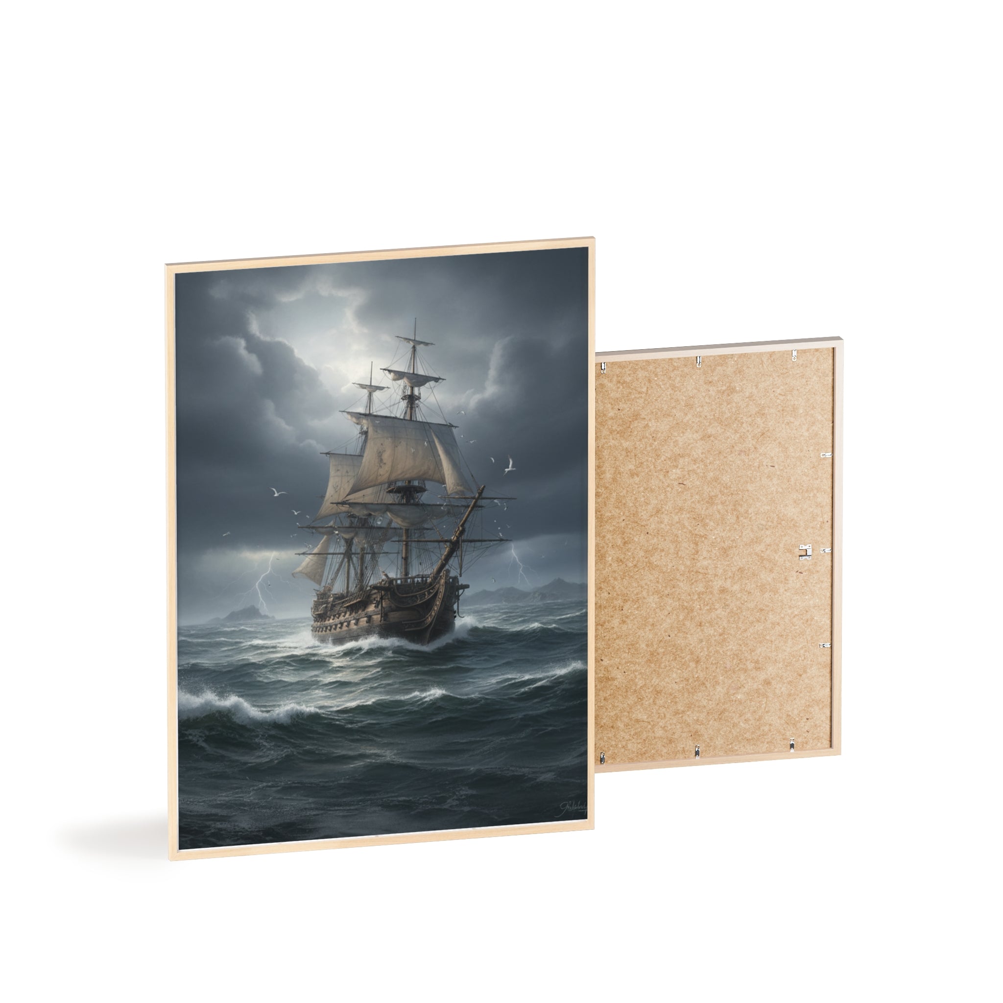 Framed Stormy Sea Ship Poster — Nautical Wall Art with Wooden Frame
