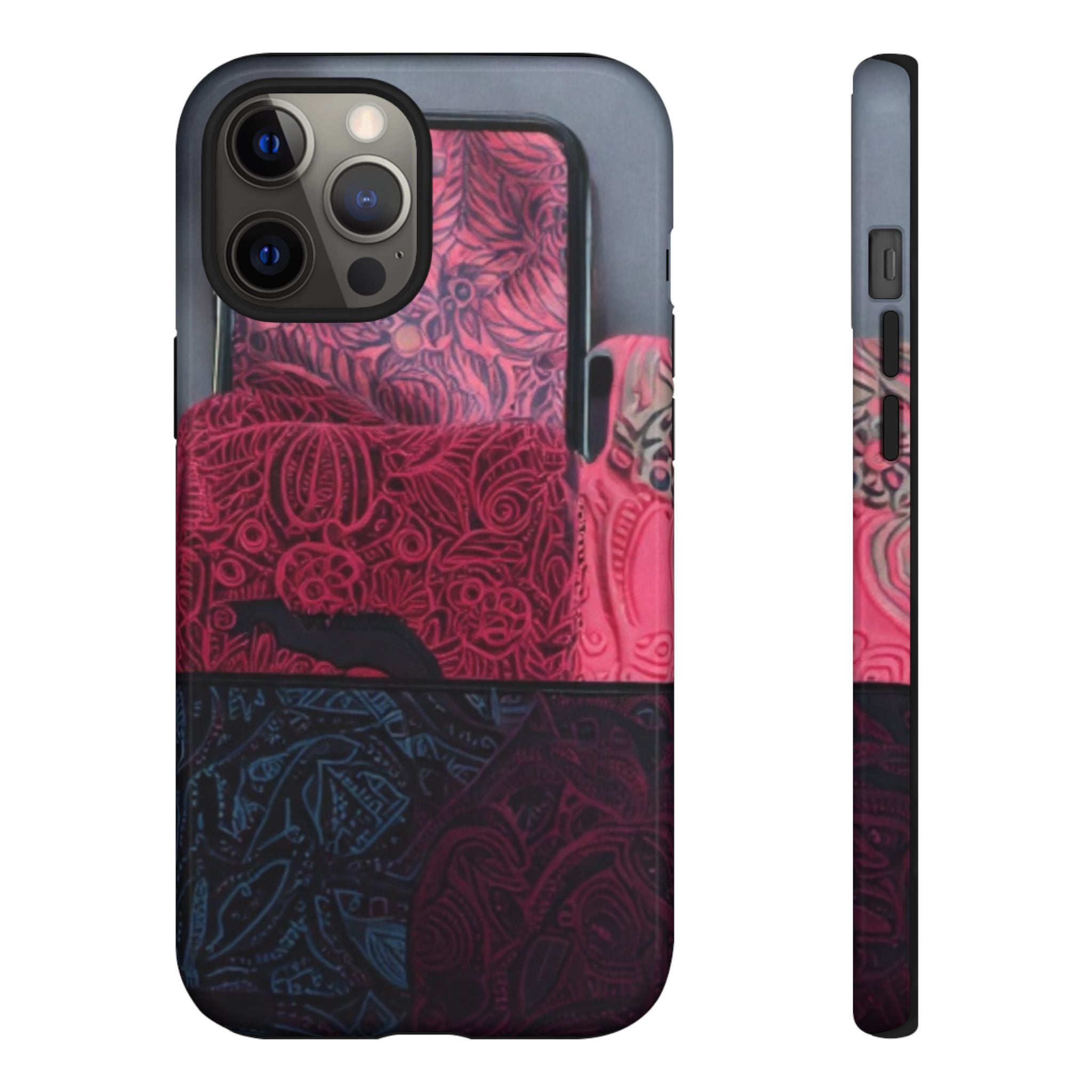Floral Patchwork Tough Phone Case — Pink & Navy Doodle Design