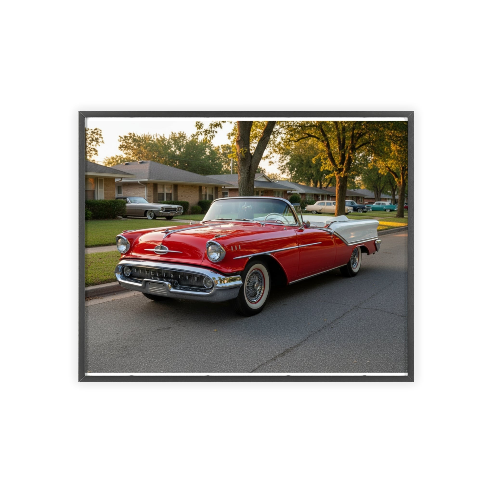 Vintage Red Convertible Poster with Wooden Frame — Classic Car Wall Art