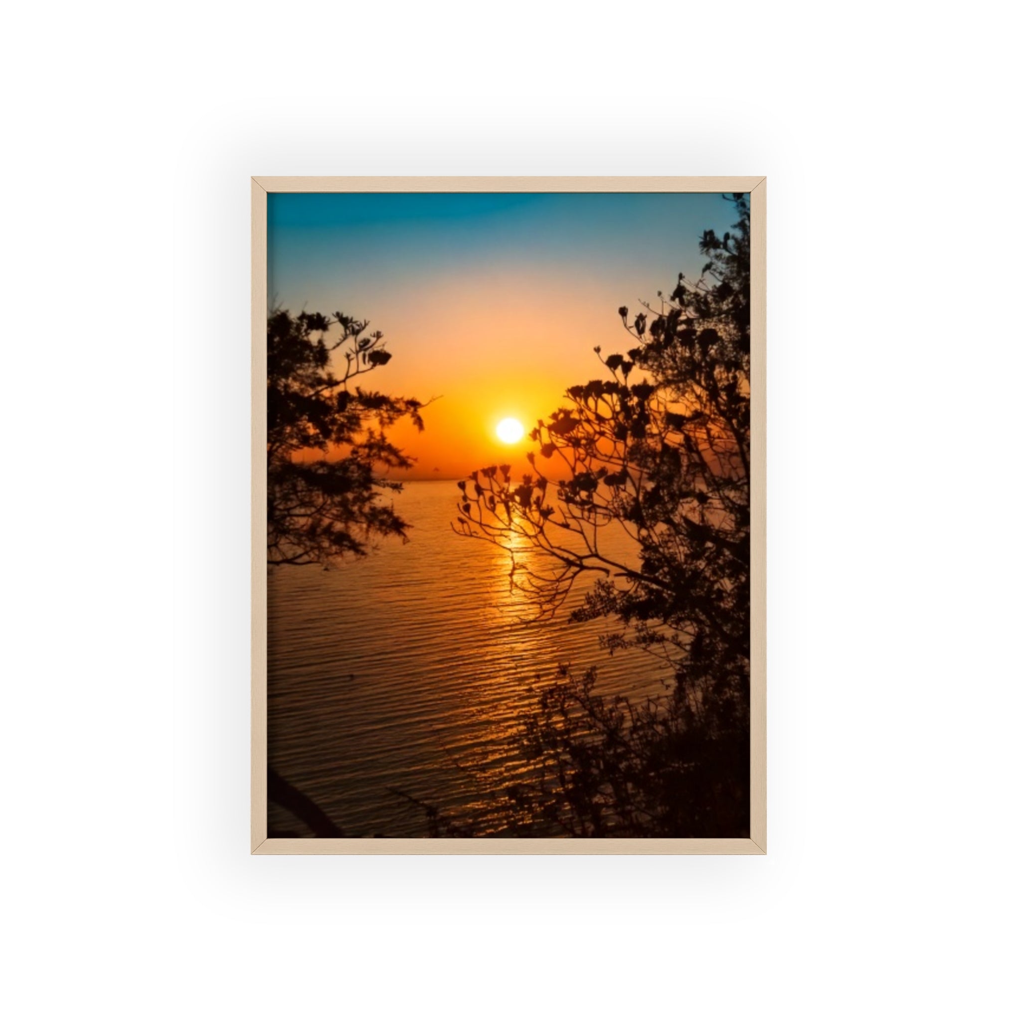 Sunset Coastal Poster with Wooden Frame — Framed Beach Wall Art