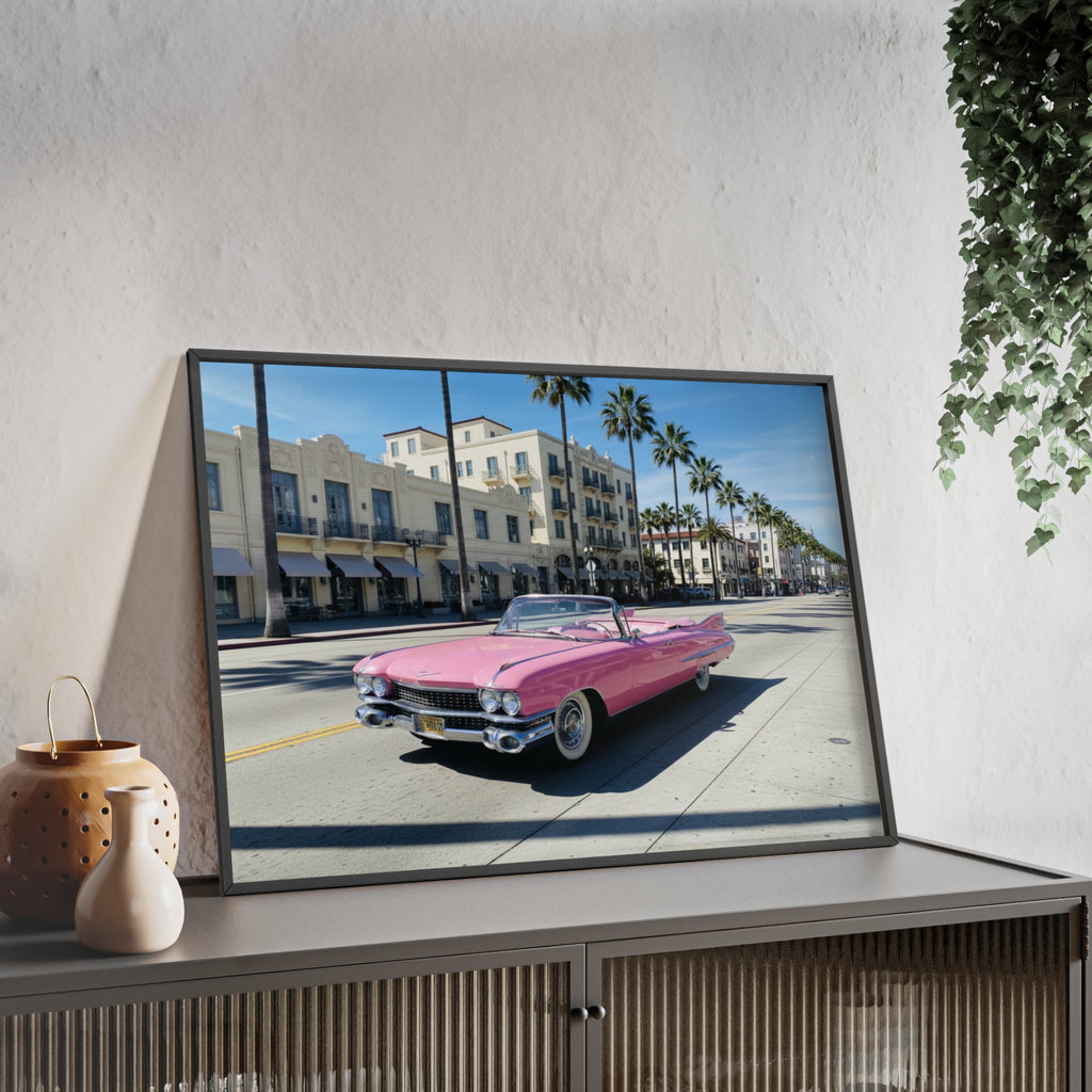 Retro Pink Cadillac Poster with Wooden Frame — Vintage Palm-Drive Wall Art