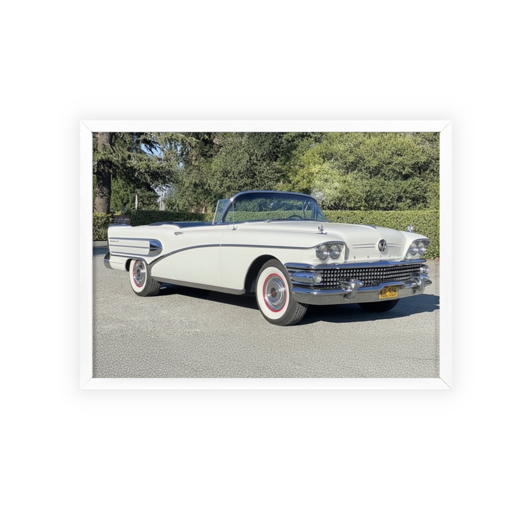 Classic White Convertible Car Poster with Wooden Frame — Vintage Auto Wall Art