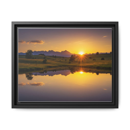 Framed Matte Canvas Sunset Landscape — Serene Lake Reflection Wall Art