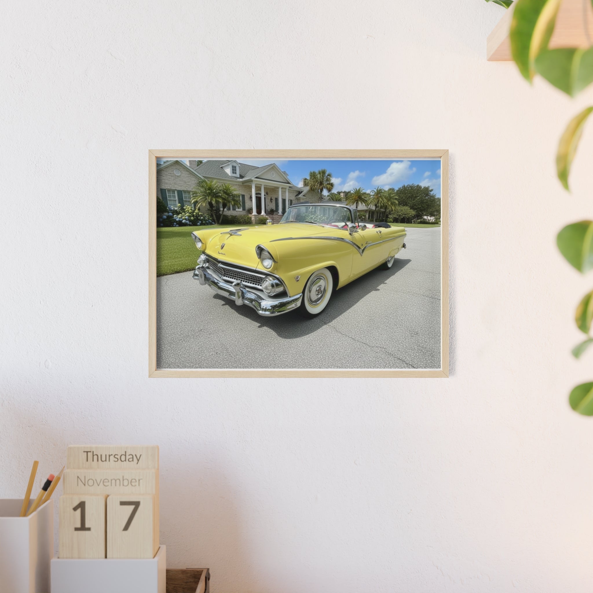 Vintage Yellow Classic Car Poster — Framed Wooden Wall Art