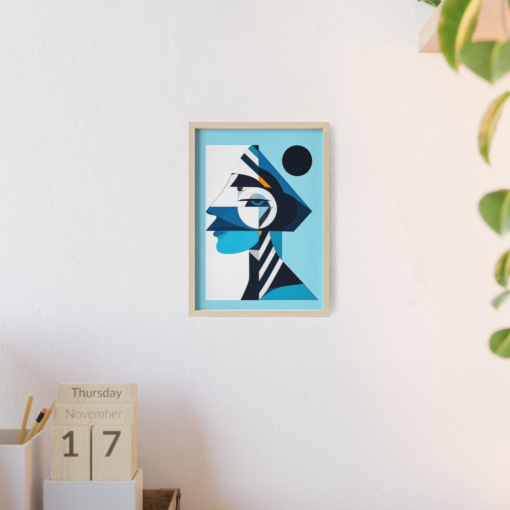 Abstract Geometric Portrait Poster with Wooden Frame — Blue Modern Wall Art
