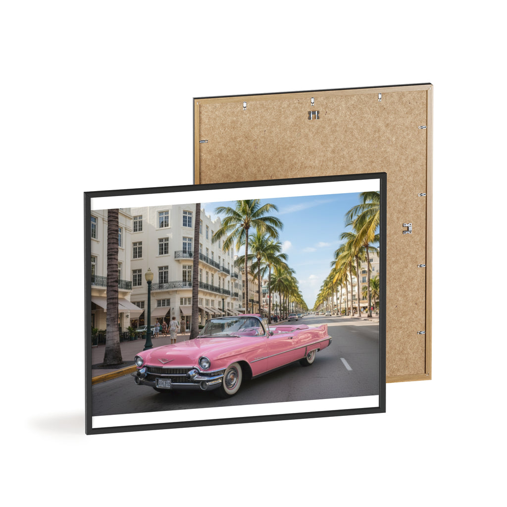 Vintage Pink Cadillac Wall Poster with Wooden Frame — Retro Miami Palm Street Photography