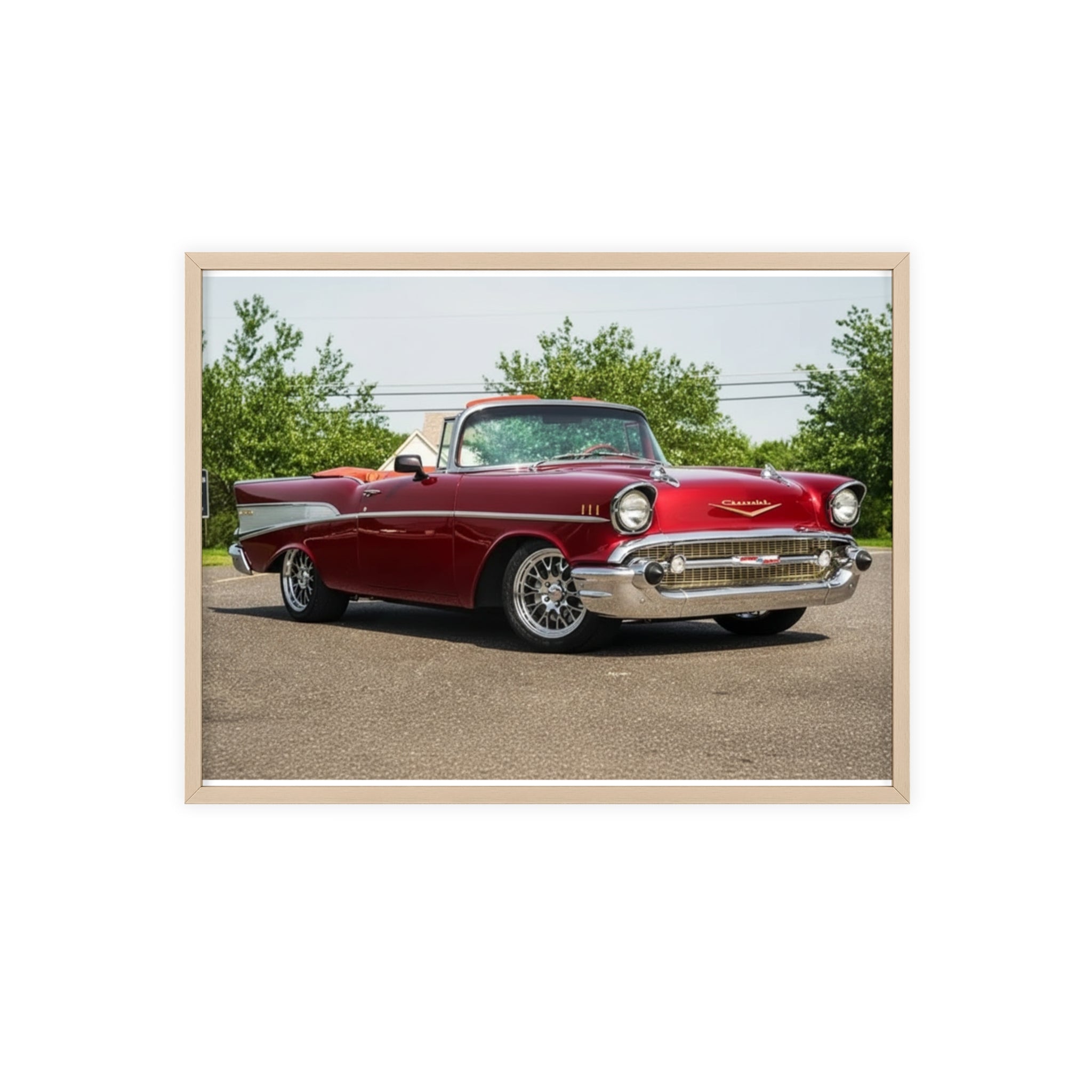 Classic Red Chevy Poster with Wooden Frame — Vintage Car Wall Art for Garage, Man Cave, Auto Enthusiasts
