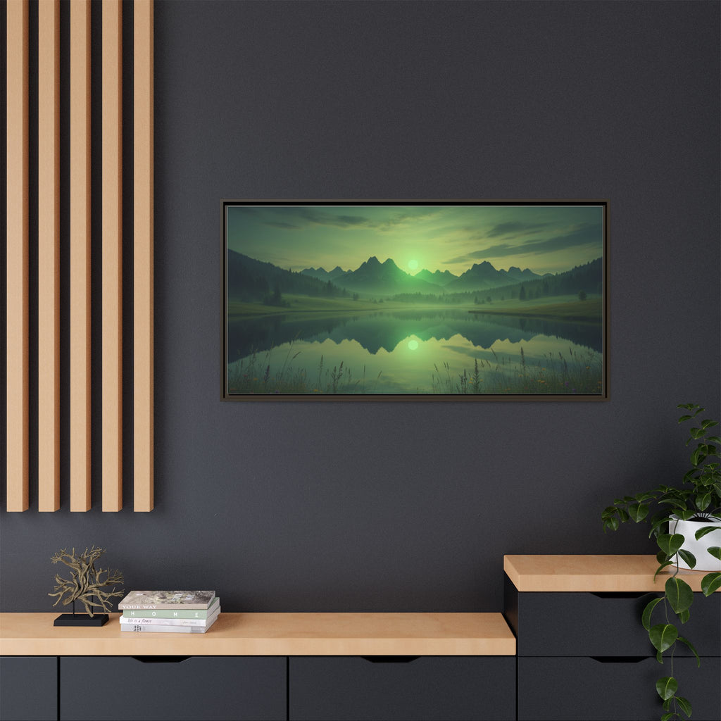 Framed Matte Canvas Print — Serene Green Mountain Lake Landscape