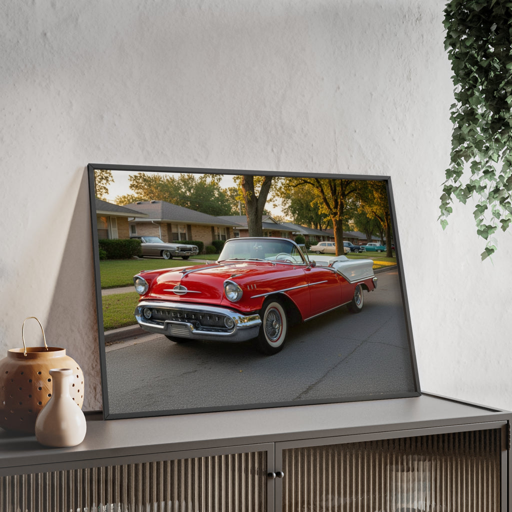 Vintage Red Convertible Poster with Wooden Frame — Classic Car Wall Art