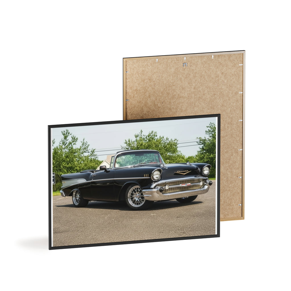 Classic Black 1957 Chevy Poster with Wooden Frame — Vintage Car Wall Art