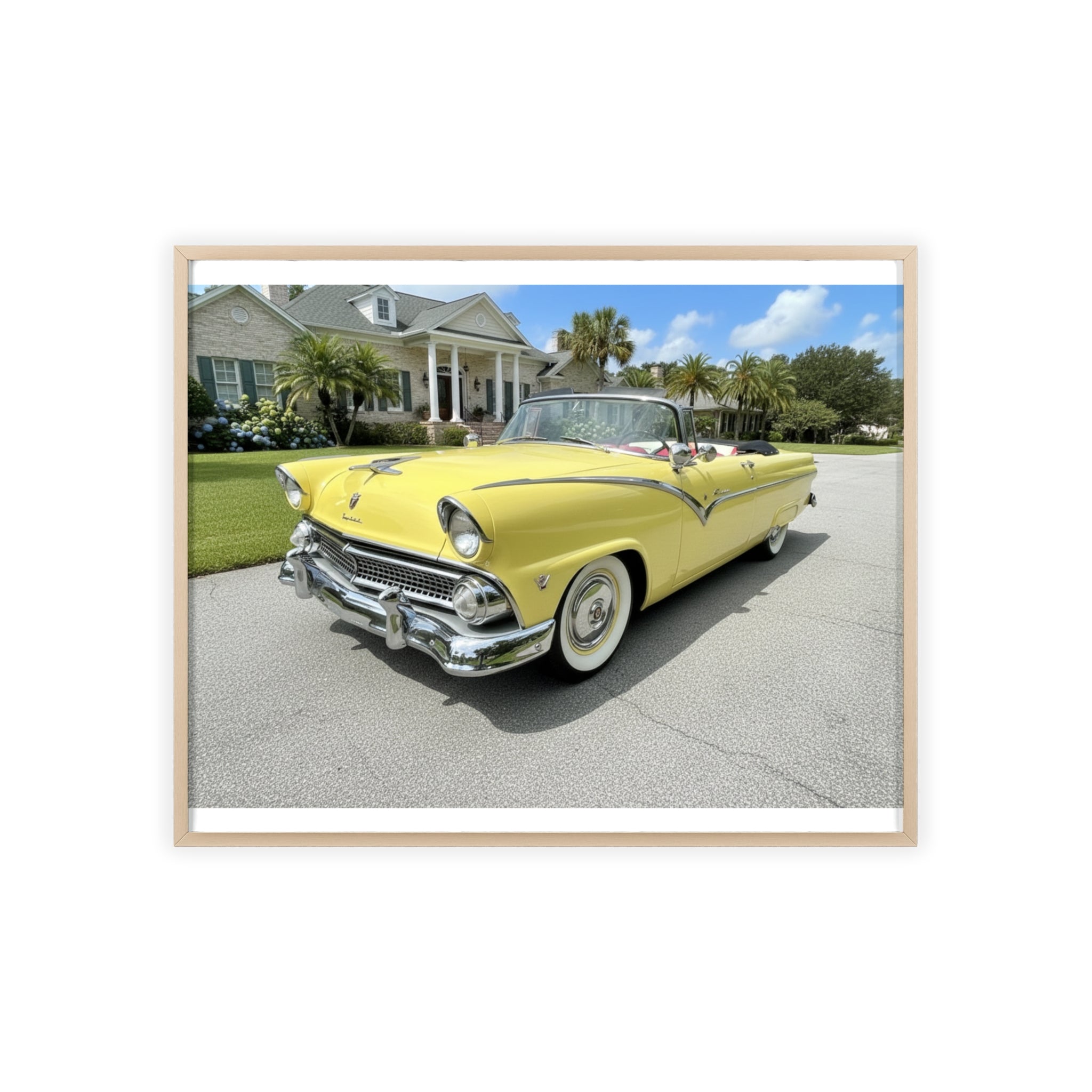 Vintage Yellow Classic Car Poster — Framed Wooden Wall Art
